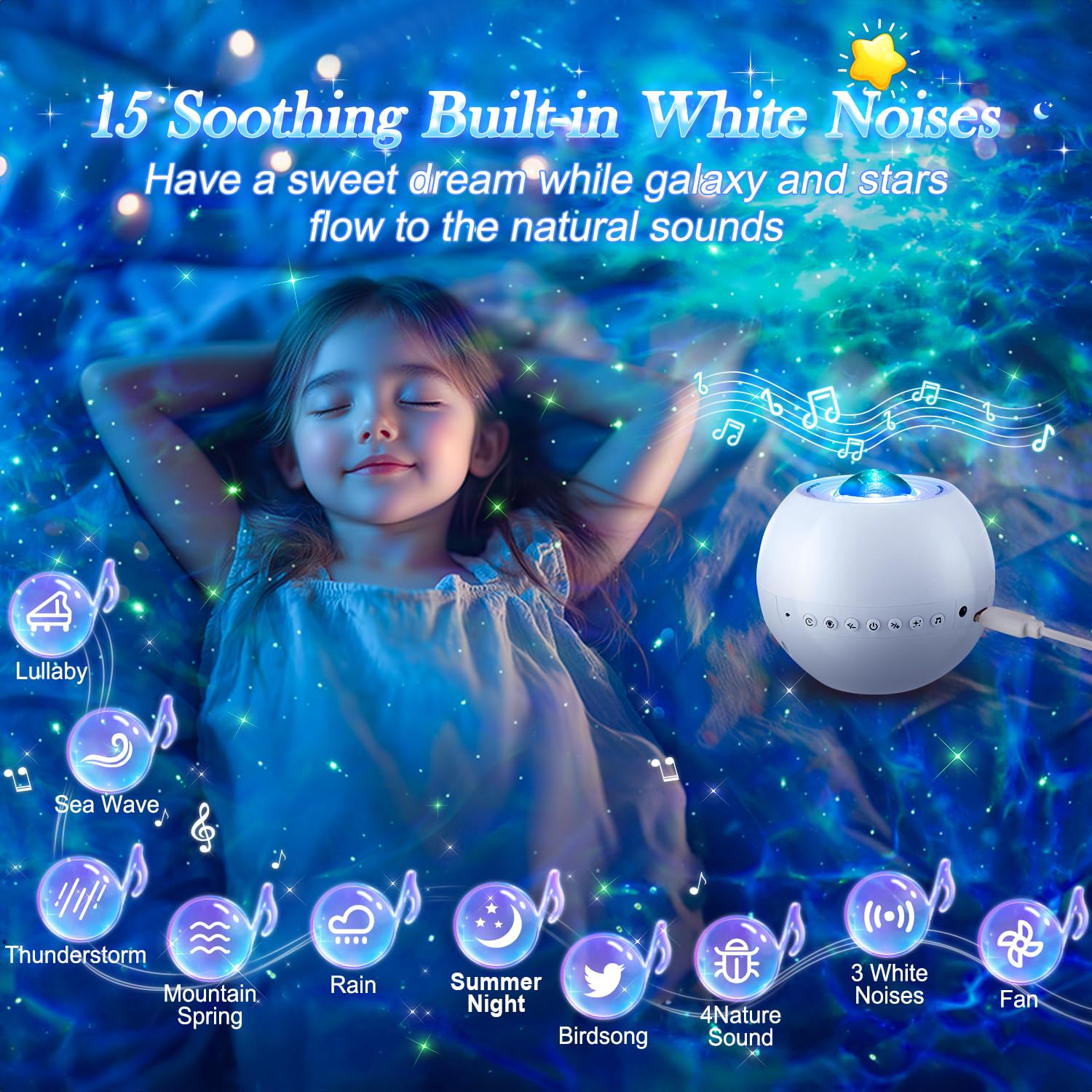 PIKOY Star Projector Galaxy Light - 15 Colors, Bluetooth, for Kids & Adults, Model WH-E14A, White