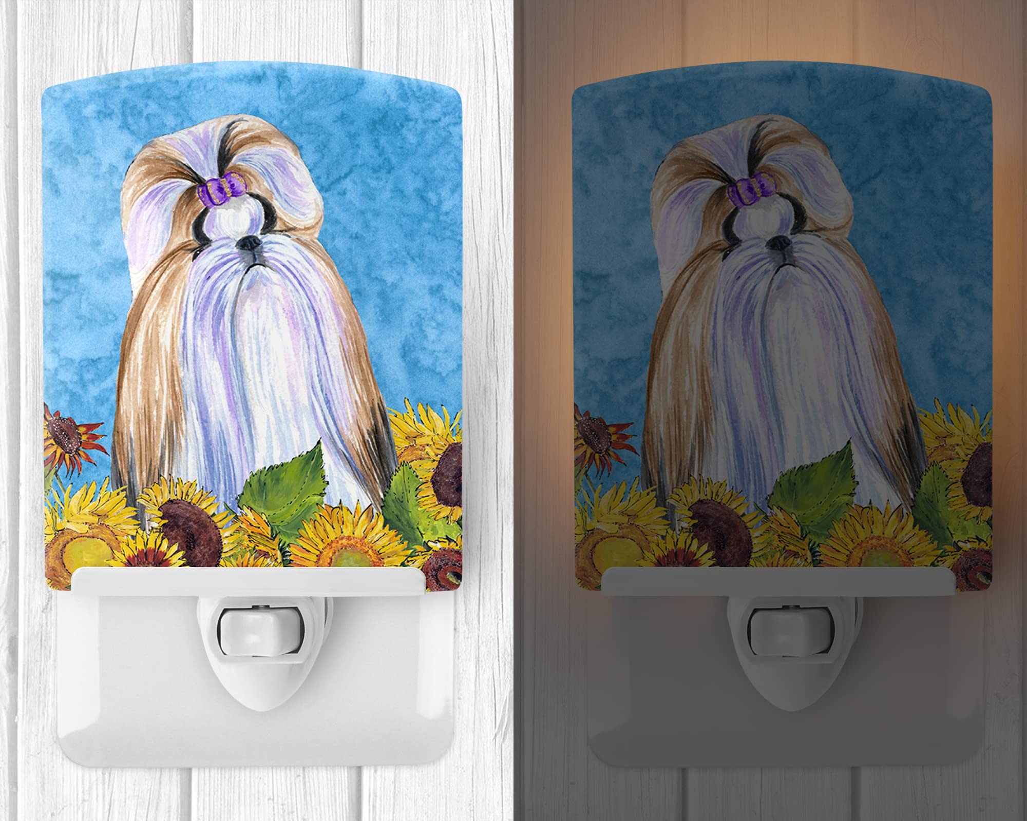 Caroline'S Treasures Ss4234Cnl Shih Tzu In Summer Flowers Ceramic Night Light Compact, Ul-Certified, Ideal For Bedroom, Bathroom, Nursery, Hallway, Kitchen, 6X4X3, Multicolor
