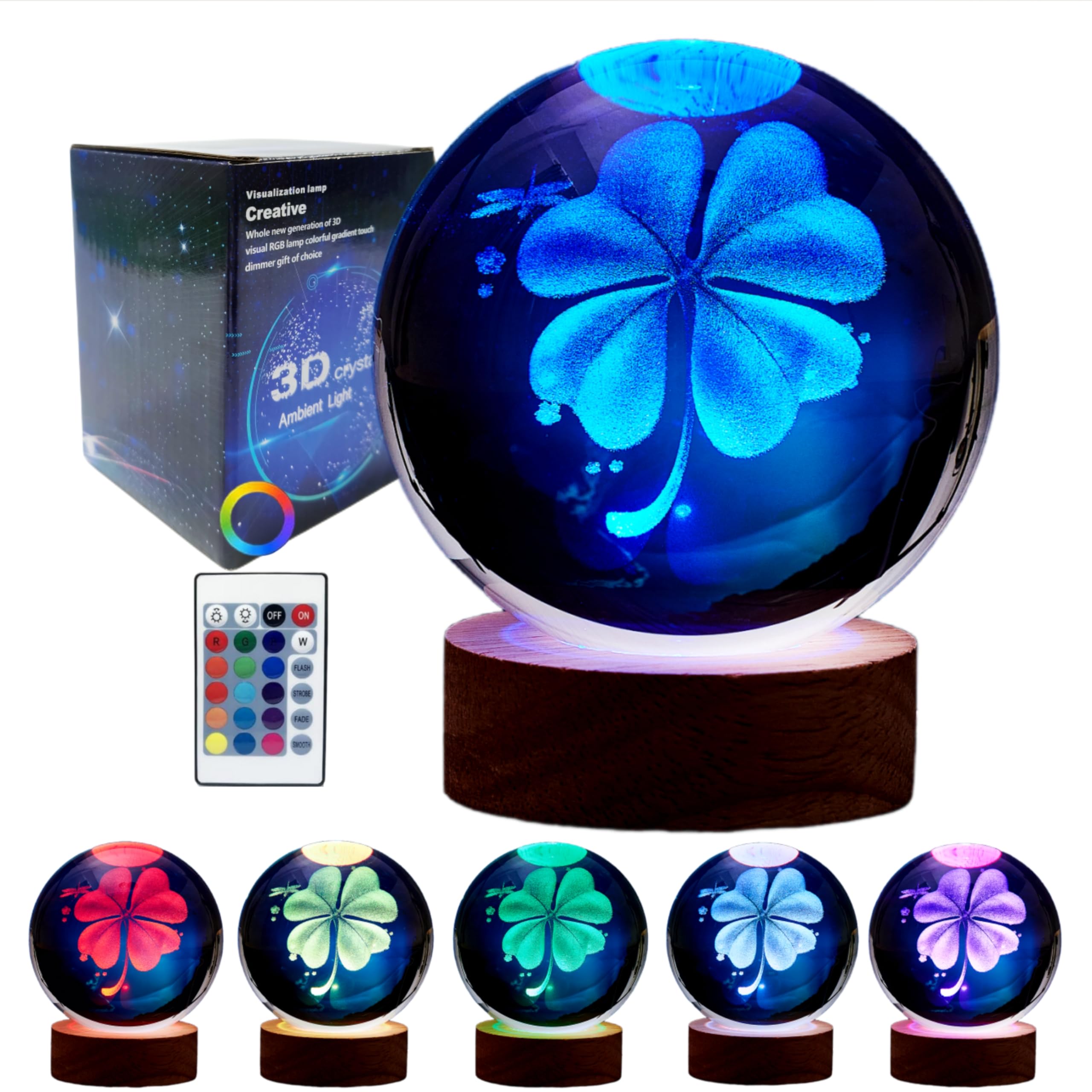 3D Four-Leaf Clover Crystal Ball Lamp,Lifelike 3D LED Clover Night Light,16 Colors Changing Light,Dimmable Remote Control,Clover