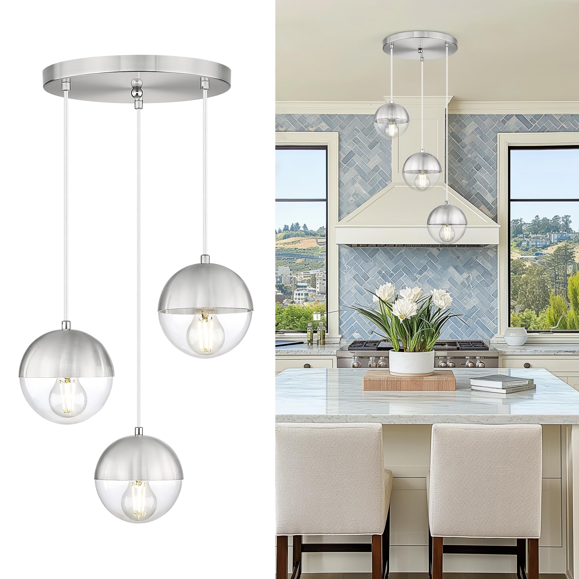 LMS Modern Brushed Nickel 3-Light Cluster Pendant Lights, Mid Century Pendant Lighting with Clear Globe Glass Shade, Adjustable 