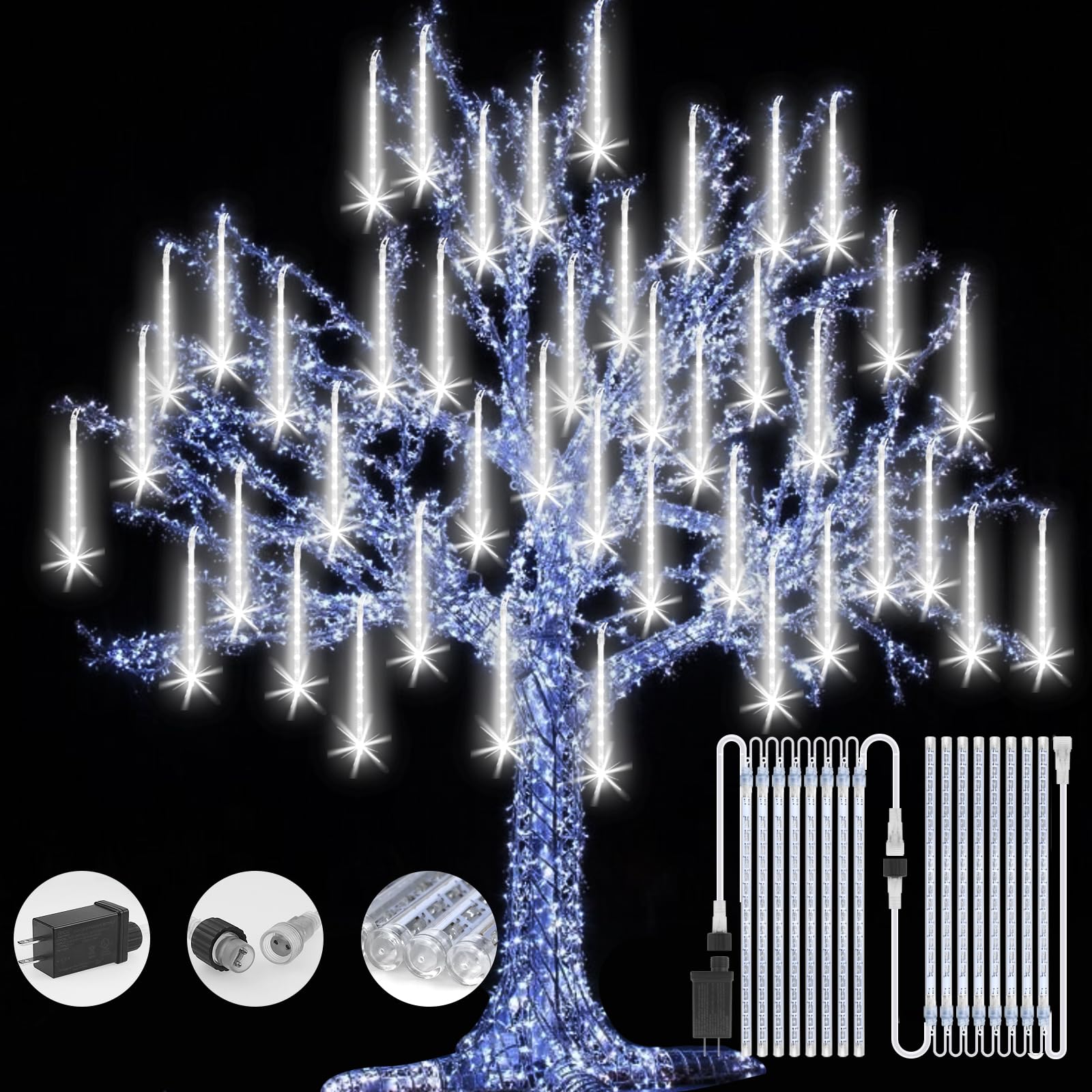 FYYZY Christmas Lights Meteor Shower 384 LEDs Waterproof Icicle String Lights 16 Tubes White for Outdoor Party Home Decoration