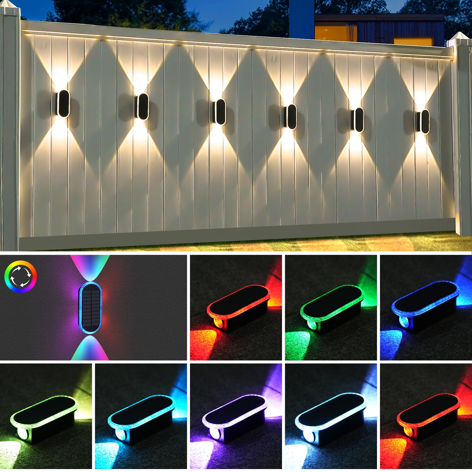 4 Pack Solar Fence Wall Lights Outdoor Rgbw 8-Color Changing, Ip65 Waterproof Dual Lens Up/Down Lighting, 15H Runtime Landscape