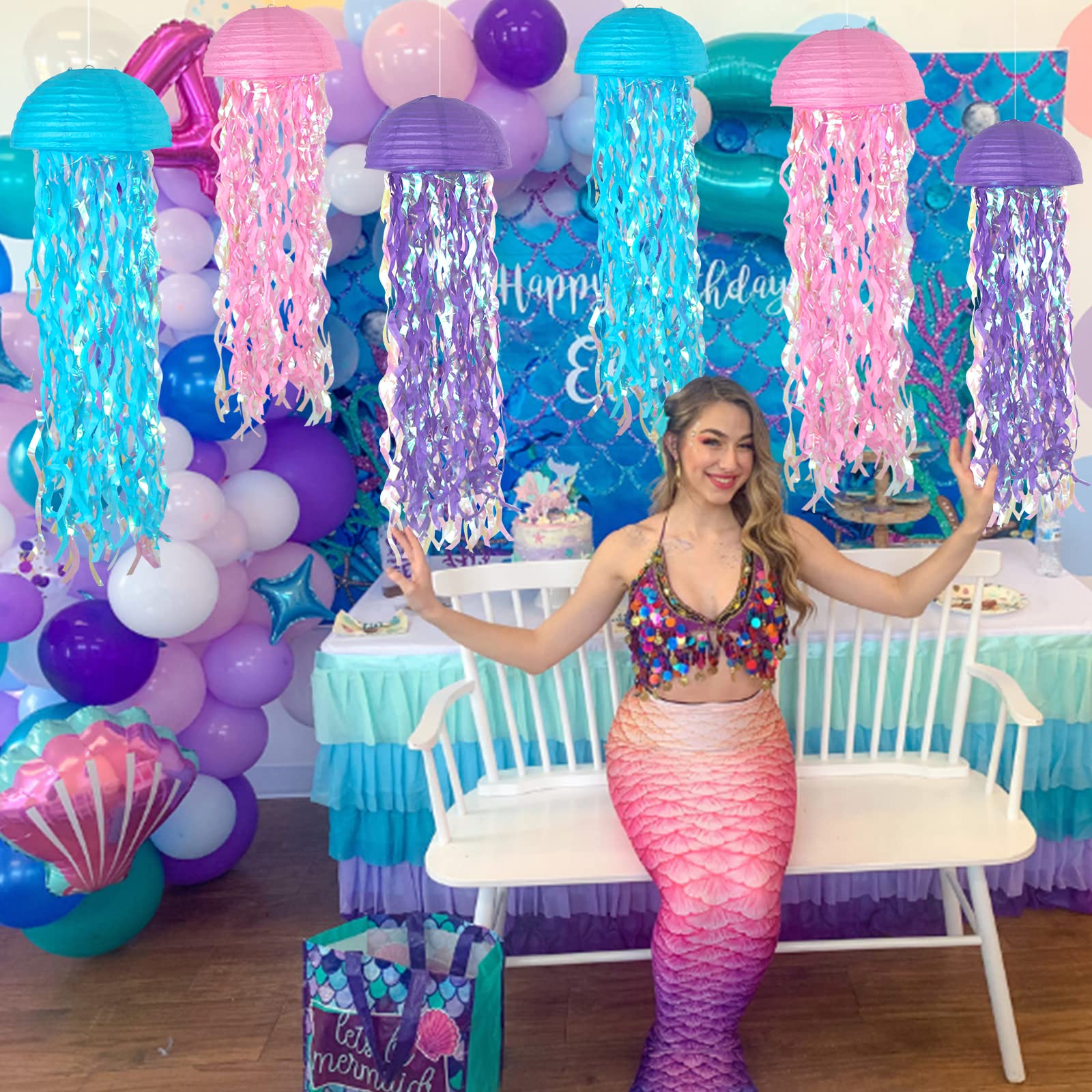 Adlkgg Pink Purple Blue Hanging Jelly Fish Paper Lanterns, Gradient Colorful Paper Lanterns For Mermaid Theme Party Under The Se