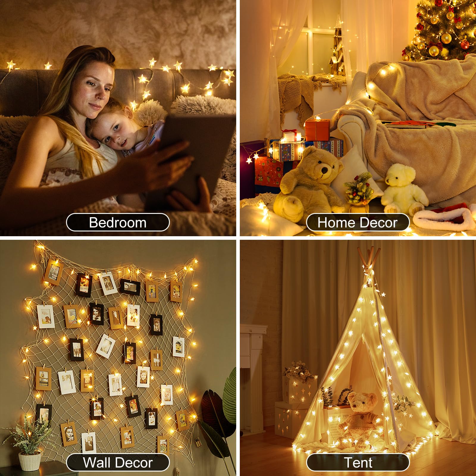 Brightown Star String Lights - 50 LED, 17 ft, Battery Operated, Warm White, Waterproof, Remote & Timer for Party Decor