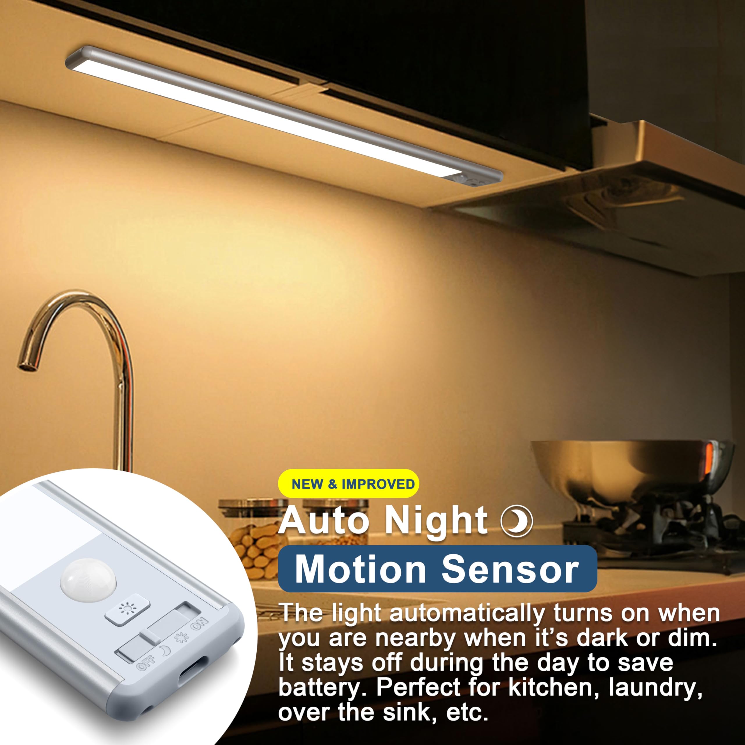 BLS Under Cabinet Lights - 63 LED Motion Sensor, 2500mAh Rechargeable, Magnetic Night Light, 14.8 Inch - 2 Pack