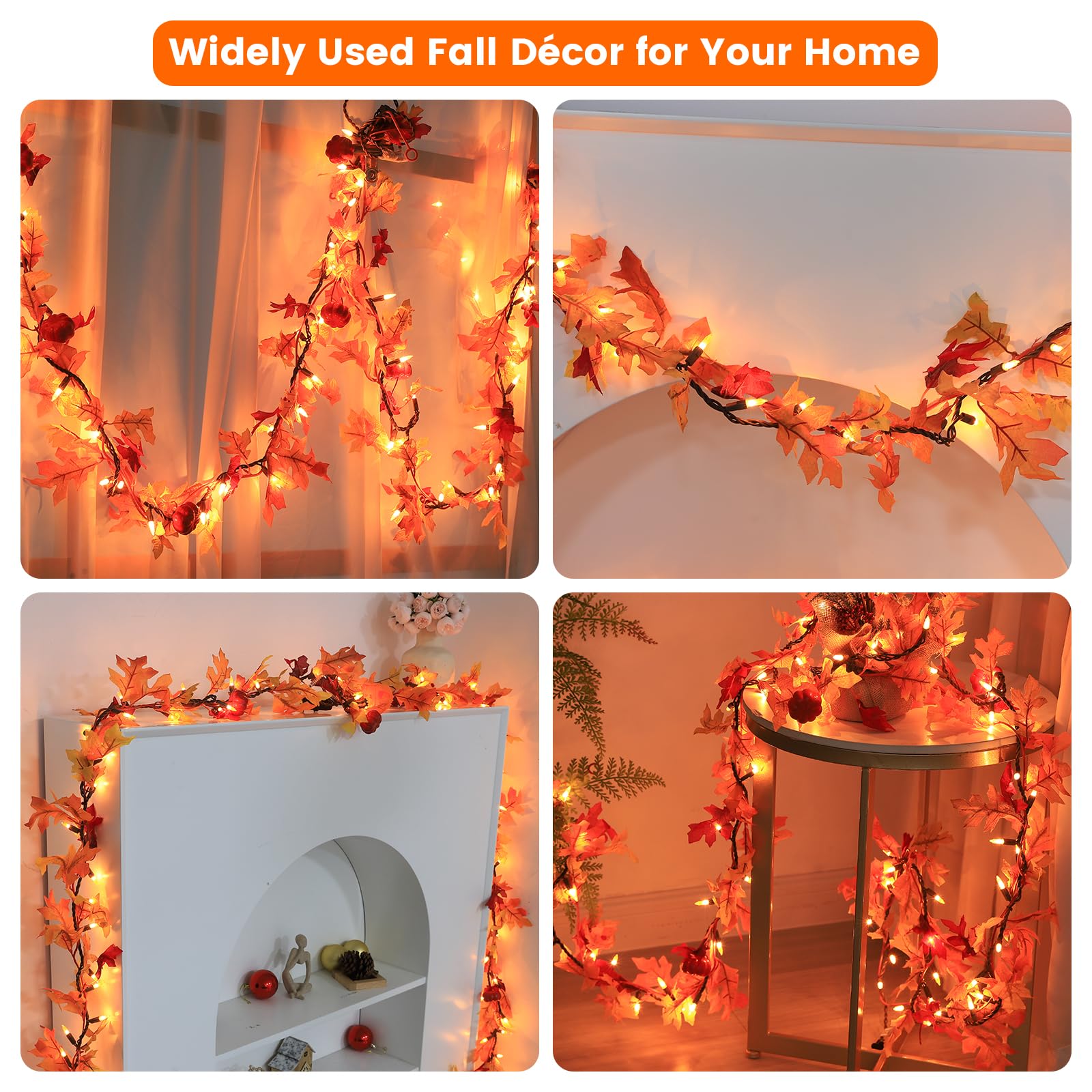 Thanksgiving Decorations Fall Maple Leaf String Lights Plug In, 8Ft Fall Leaves Garland With Lights, 35 Orange Bulbs Lighted Fall Garland Lights For Halloween Garland Outdoor Thanksgiving Décor