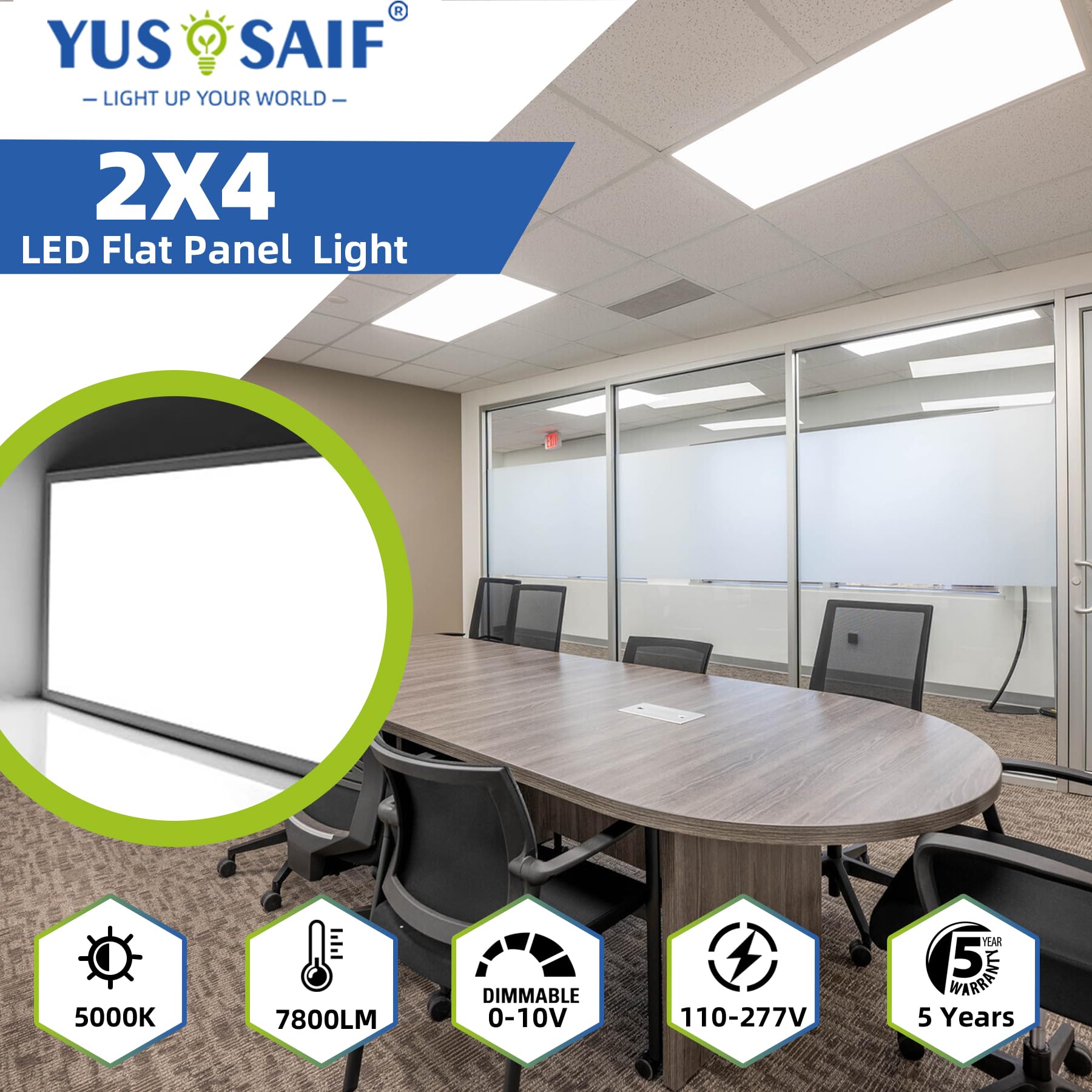 Yusosaif 2X4 Led Flat Panel Light, 2 Pack 7800 Lm Drop Ceiling Office Light Fixture, 5000K Commercial Lights, 0-10V Dimmable, Re