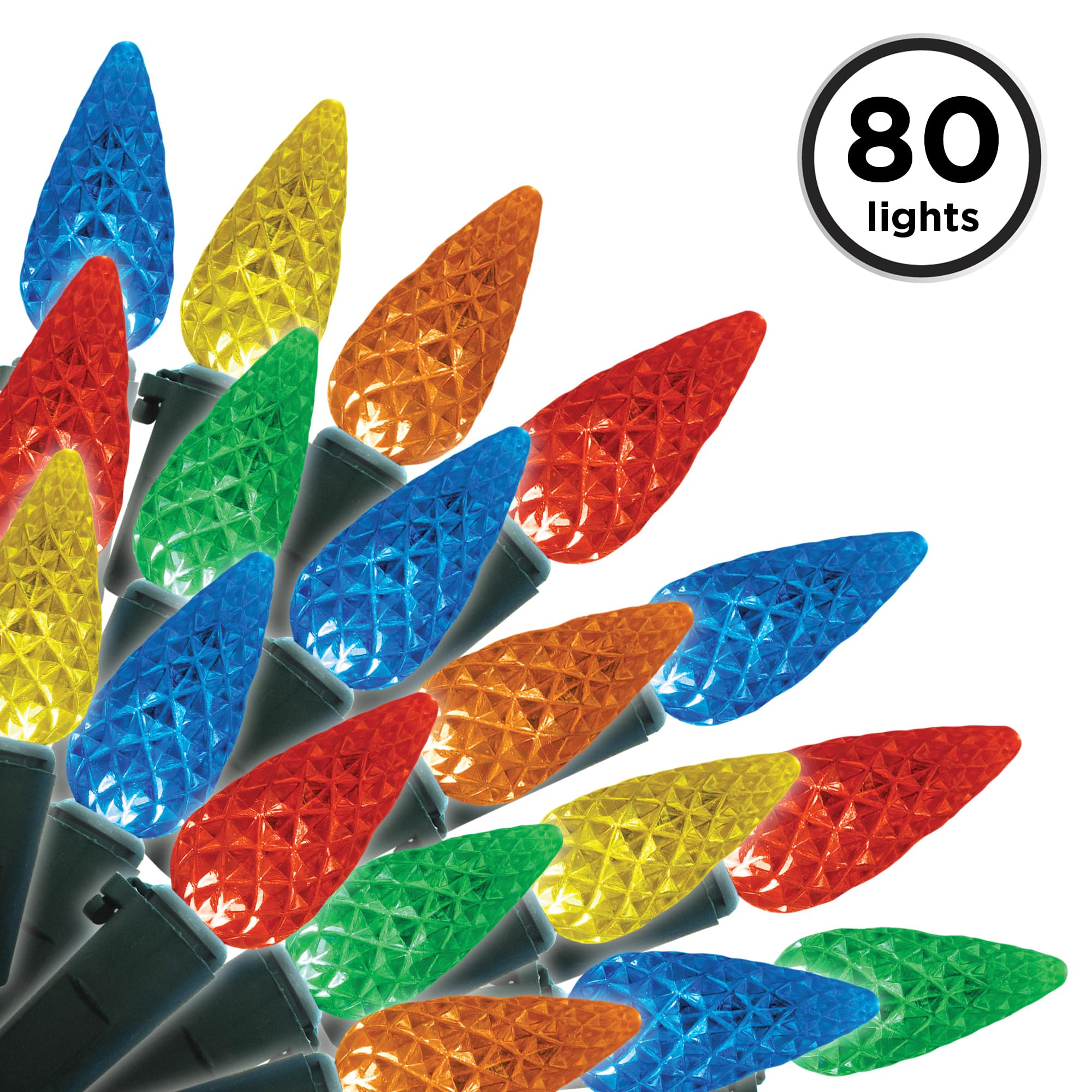 Brite Star LED C6 Faceted Light Set, 80 Count, Green Wire, Multicolor, Model 39-100-00