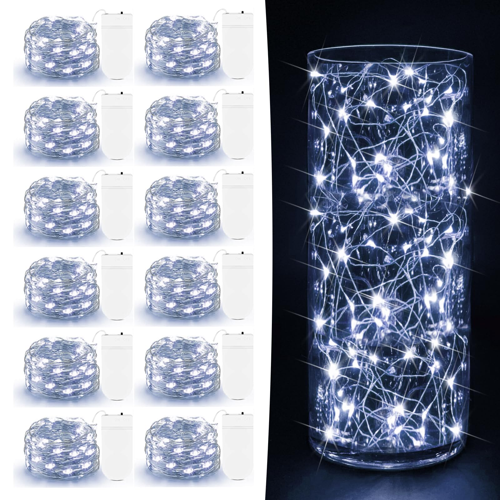 AOZOPE 12 Pack Fairy Lights - 20 LED Mini String Lights, 7ft Copper Wire, Cool White, Model NKDCH 012