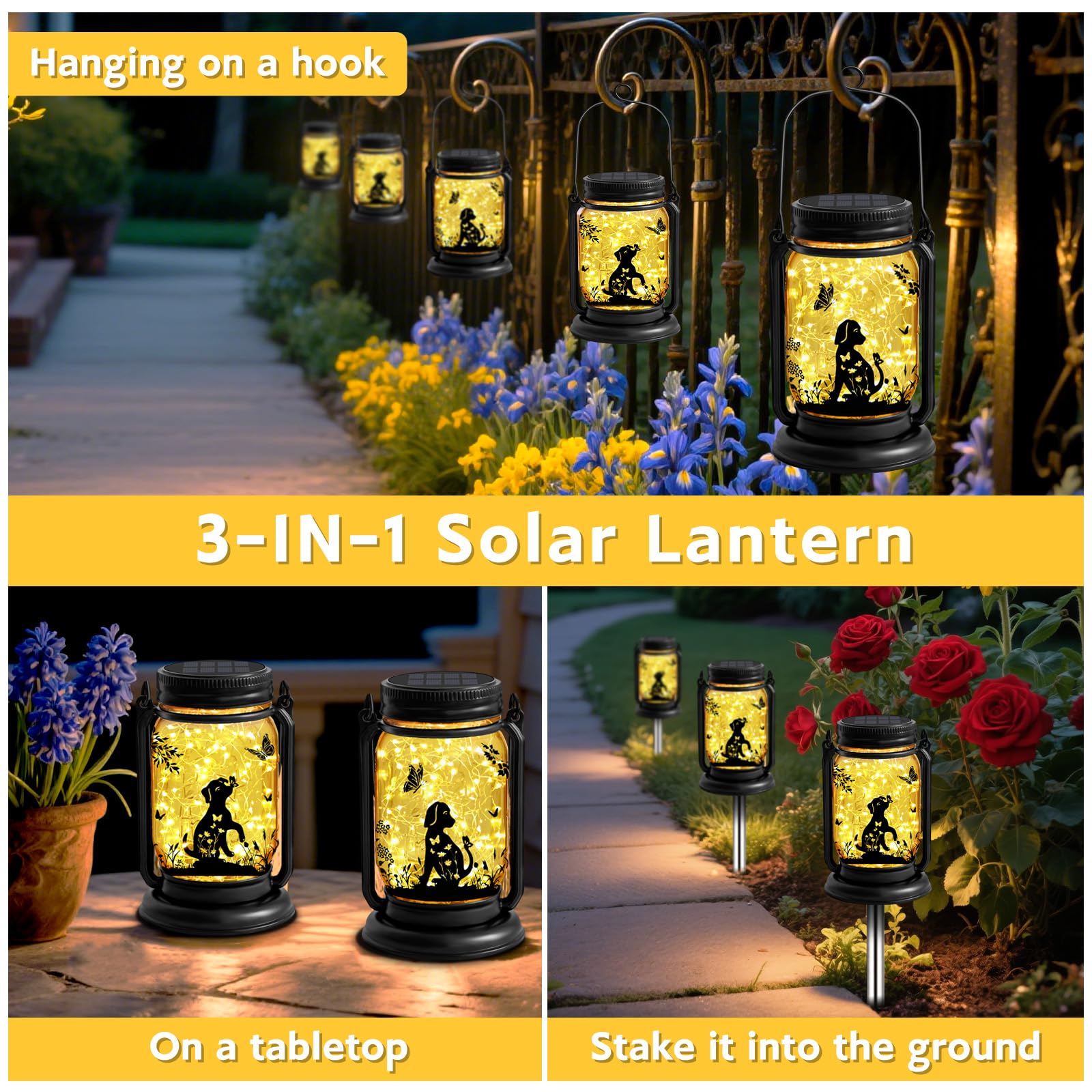 ANGMLN Dog Solar Lantern - 3-in-1 Waterproof Mason Jar Hanging Lights for Garden Decor, Model FG-61, Glass, Dog Color