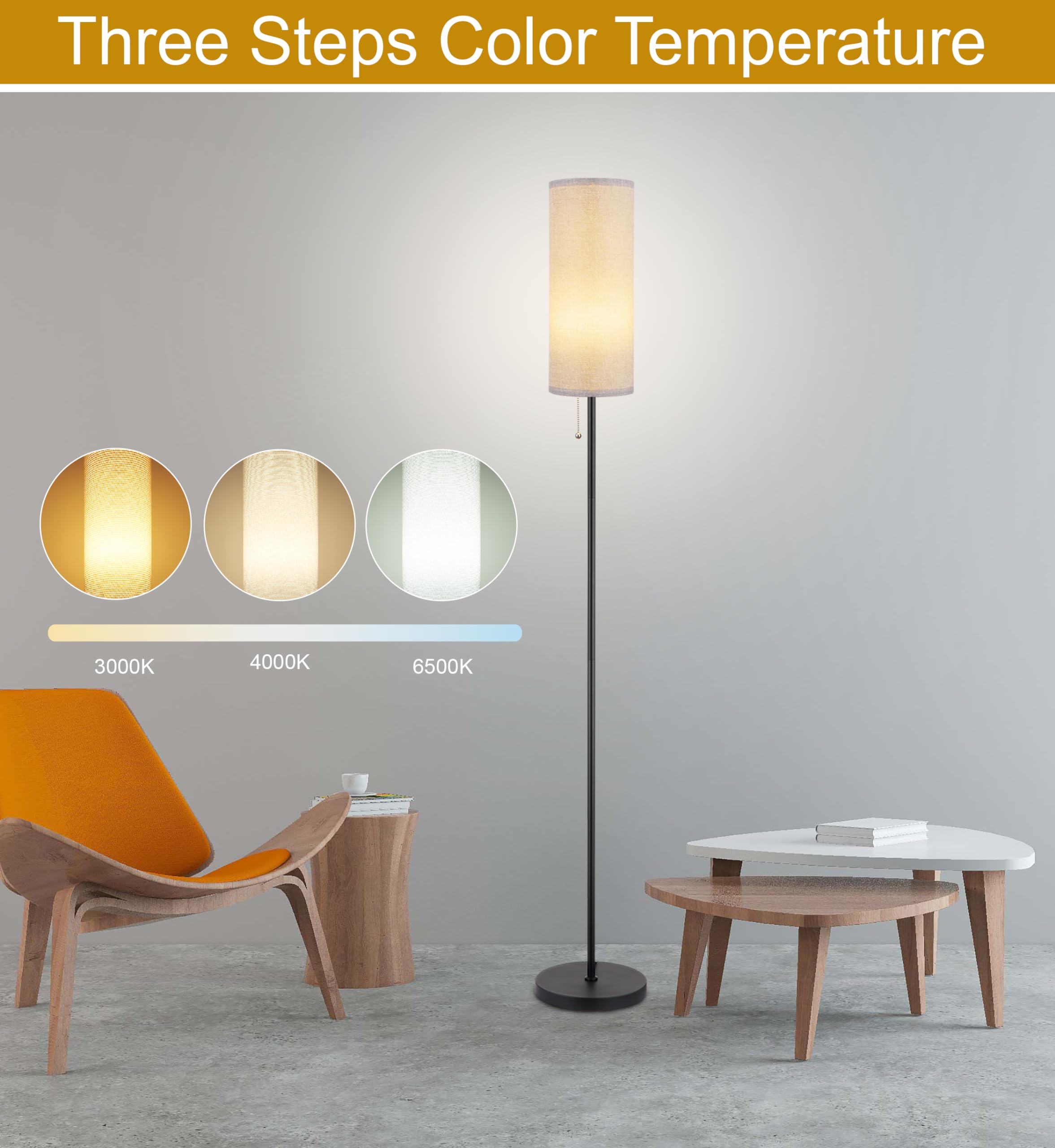 Ldeco Modern Floor Lamp for Living Room, Beige Shade, Tall Design with Chain Switch, LED Bulb Included, Model KL18XX8.WH