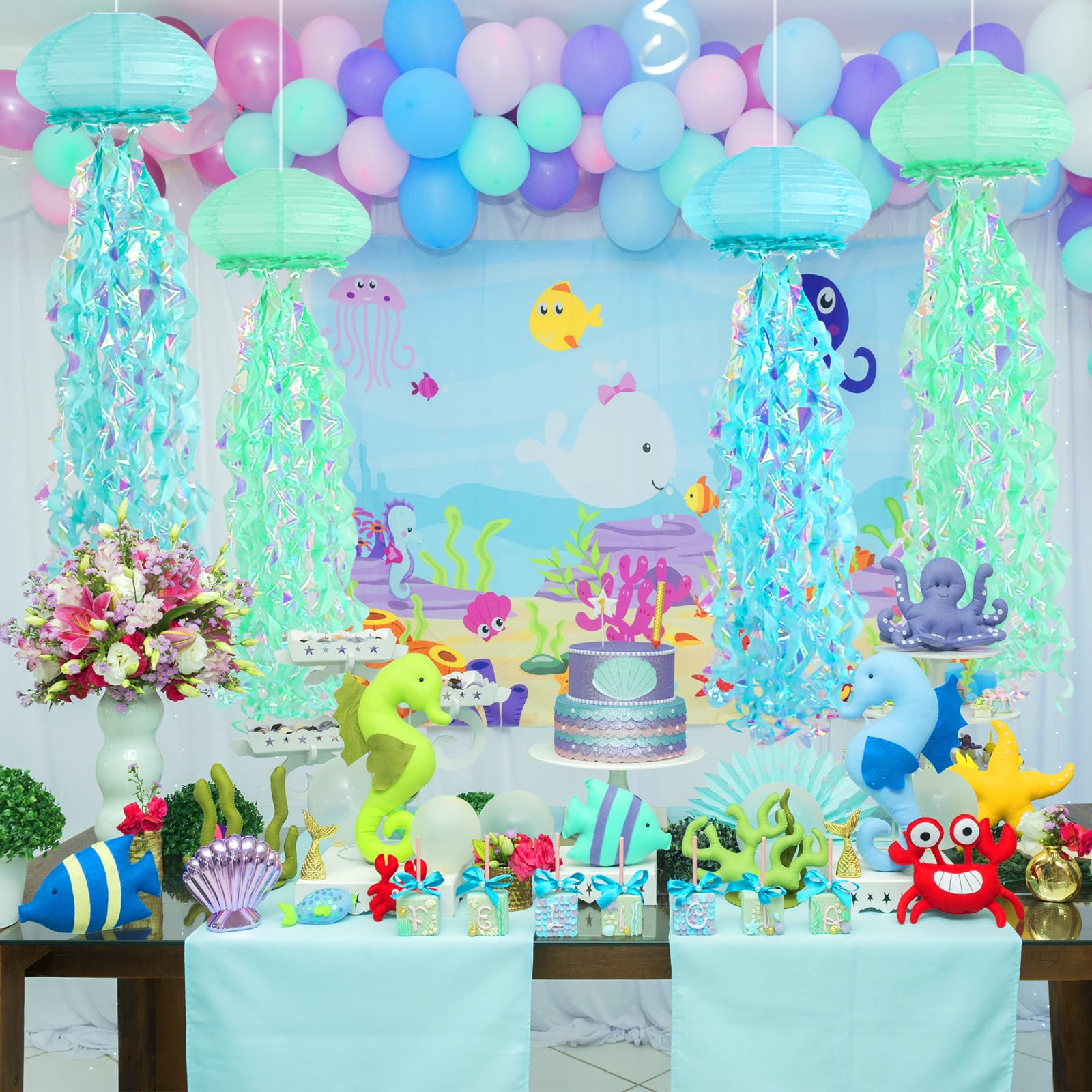 Jellyfish Paper Lanterns, Under The Sea Party Decorations, Light Blue Green Cyan Hanging Jelly Fish Lantern For Kids Birthday De