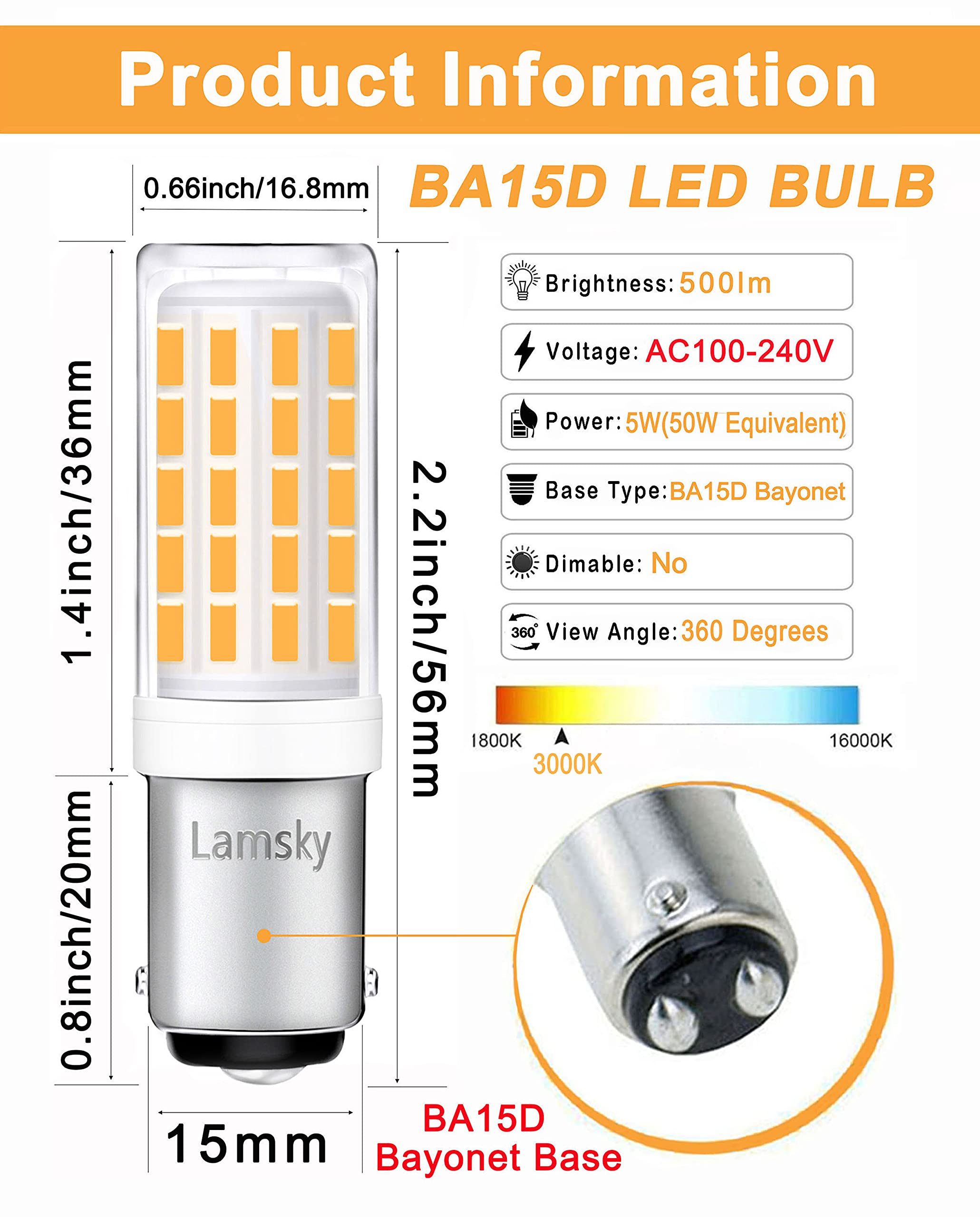 Lamsky BA15D LED Bulb 5W Warm White 2700K Double Bayonet Base 2-Pack, 500lm, 45W/50W Halogen Replacement