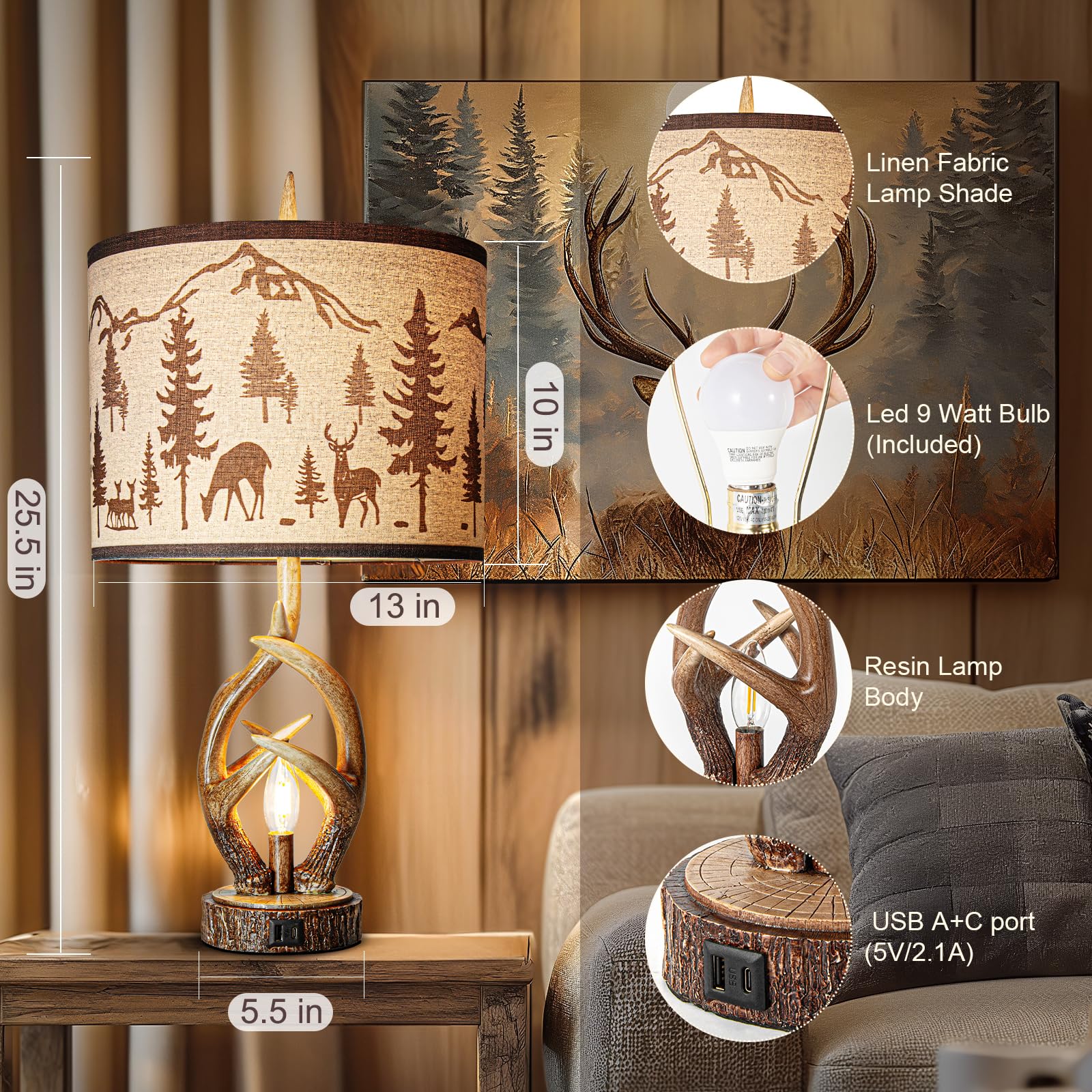 Scenekoy Antlers Style Table Lamp Set Of 2 Rustic Bedside Lamp With Night Light Linen Fabric Shade Farmhouse Nightstand Lamps Decor For Living Room Bedroom House Home Office (Bulb Included)