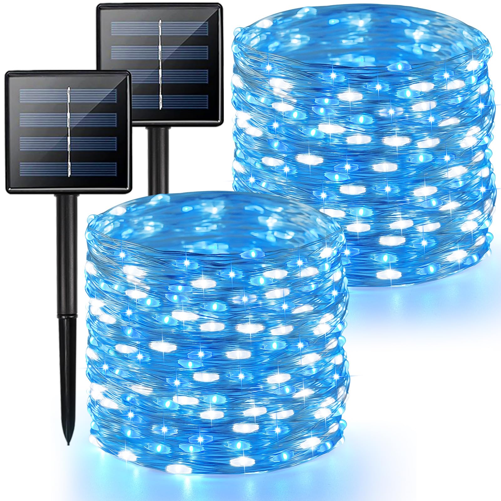 BHCLIGHT Solar String Lights, 80FT 200 LED, Waterproof, Blue and White, 8 Modes, 2 Pack