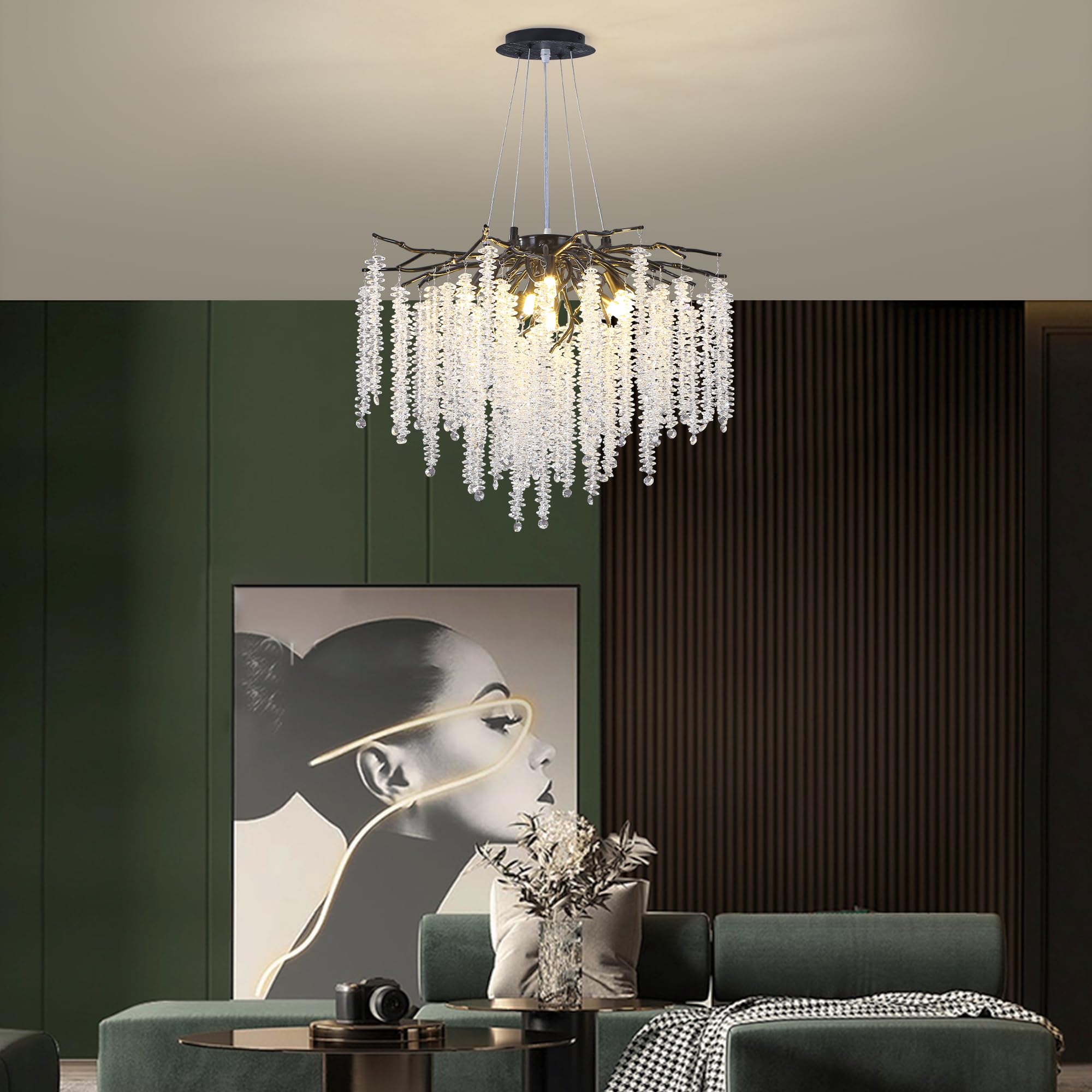 Upfelw Modern Crystal Tree Branch Chandelier - 9 Lights, D23.7'', Black, Indoor Fixture for Dining Room & Living Room, Model UBC-B09-0426