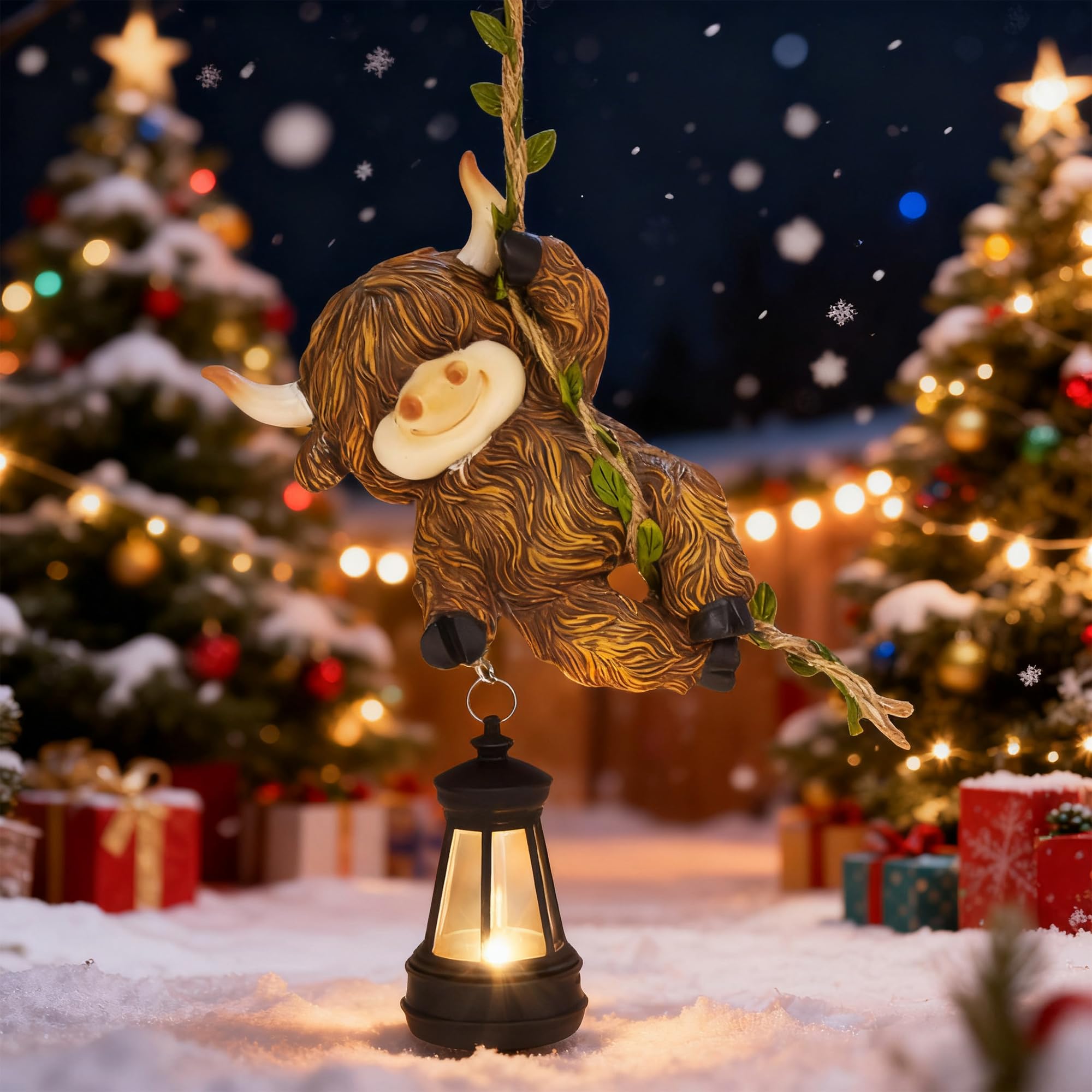 Cffownug Hanging Christmas Highland Cow Decor: Garden Cow Statues With Solar Lantern Tree Decorations For Outdoor Yard Lawn Patio Porch Ideal Gardening Gifts For Mom Grandma Women