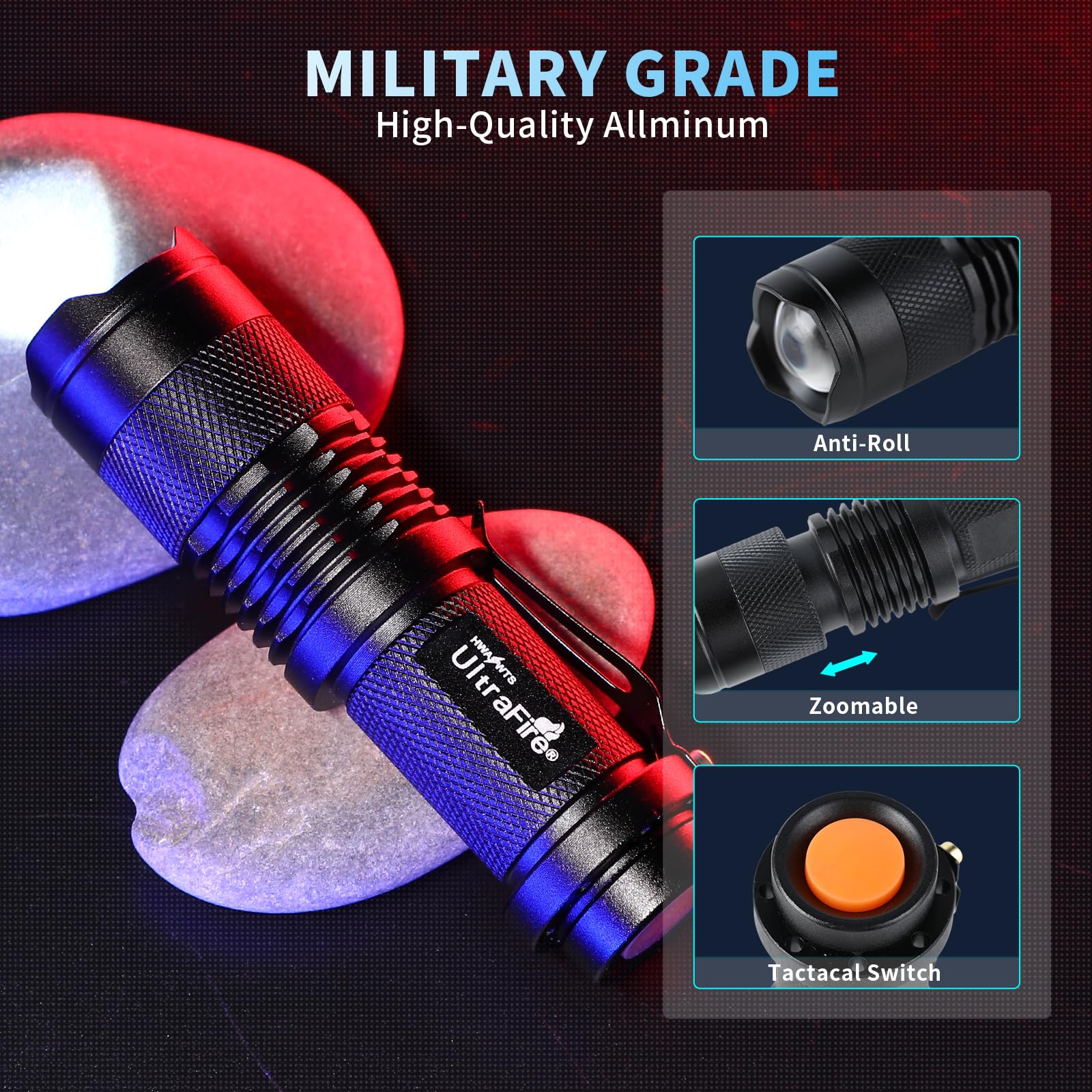 Ultrafire 5 Pack Sk68 Tactical And Small Flashlights,7W 3-Mode Pocket Torch Adjustable Focus Zoom Light Lamp