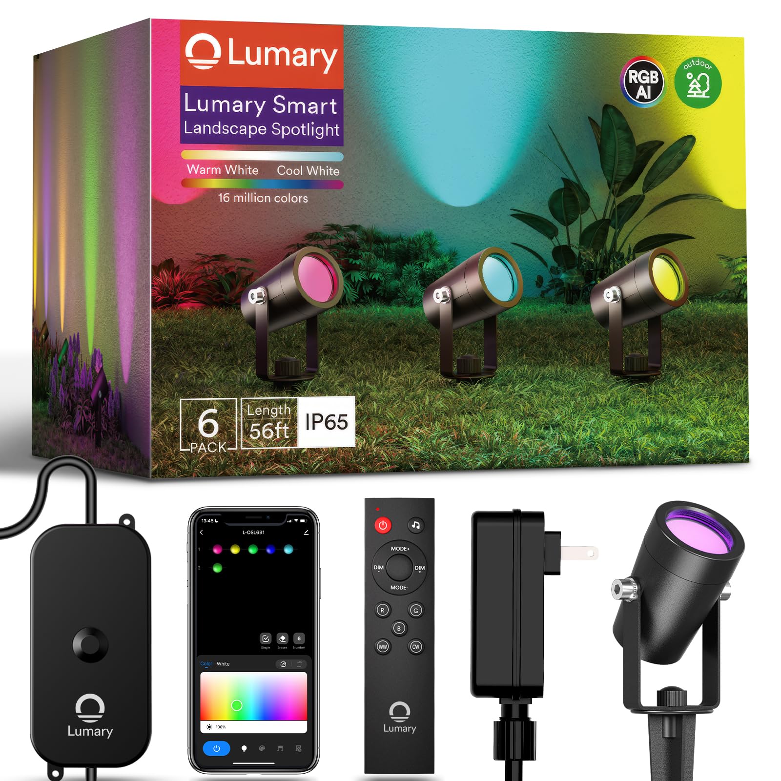 Lumary 56FT Smart Landscape Lights Gen2, 6 Pack RGBAIWW Color Changing Spotlights Low Voltage, Outdoor Lights for Yard, Festival