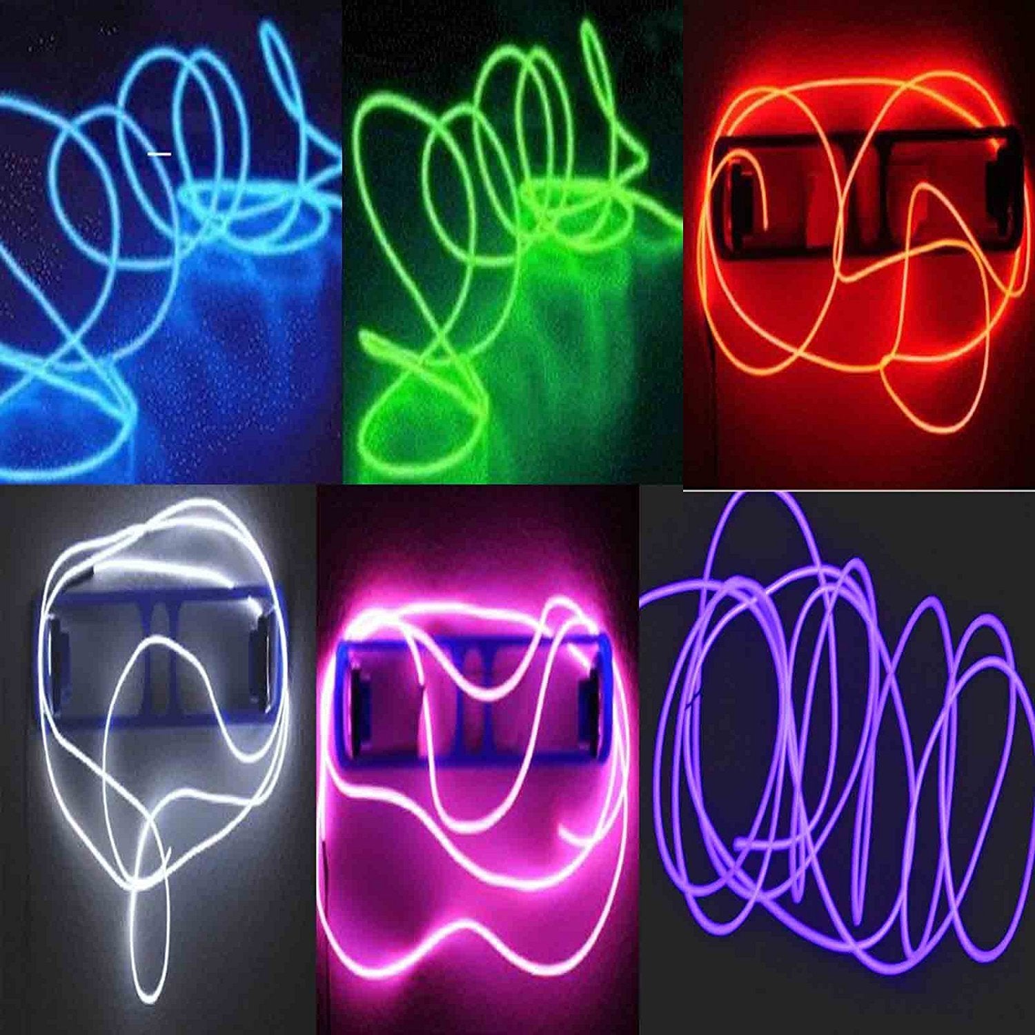 Tdltek 6 Pack Neon Glowing Strobing Electroluminescent Wire/El Wire(Blue, Green, Red, Pink, Purple, White) + 3 Modes Battery Controllers