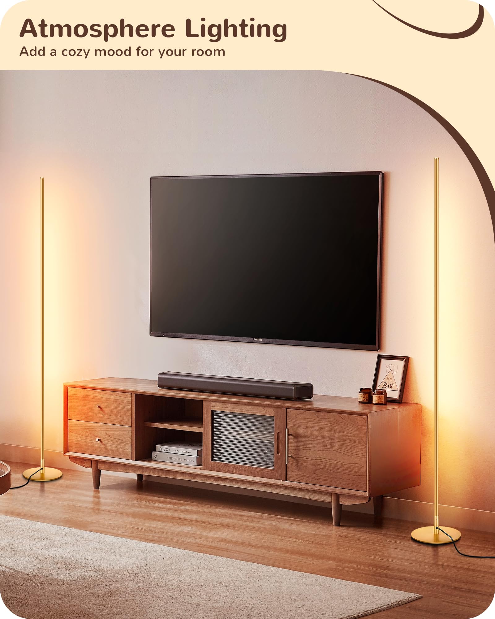 EDISHINE LED Corner Floor Lamp, Dimmable with Remote, 57.5in Tall, Aluminum, 7 Color Temperature, Gold