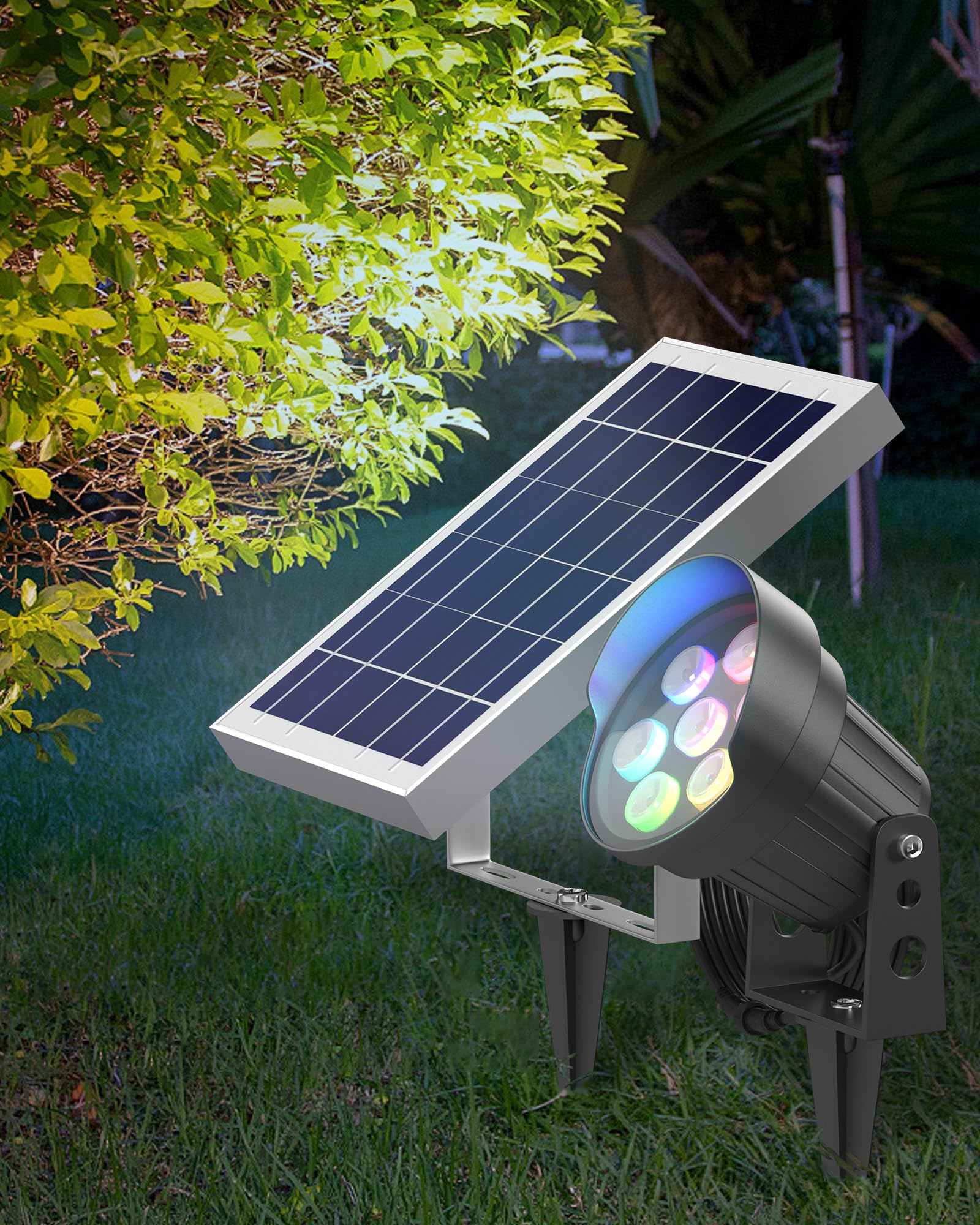 Ofuray Solar Spot Lights Outdoor  RGB Color Changing with 8 Lighting Modes  IP67 Waterproof Landscape Lights 9.8ft Cable  5200mAh Power Dusk to Dawn Solar Spotlights for Flag  Garden & Outdoor D?cor