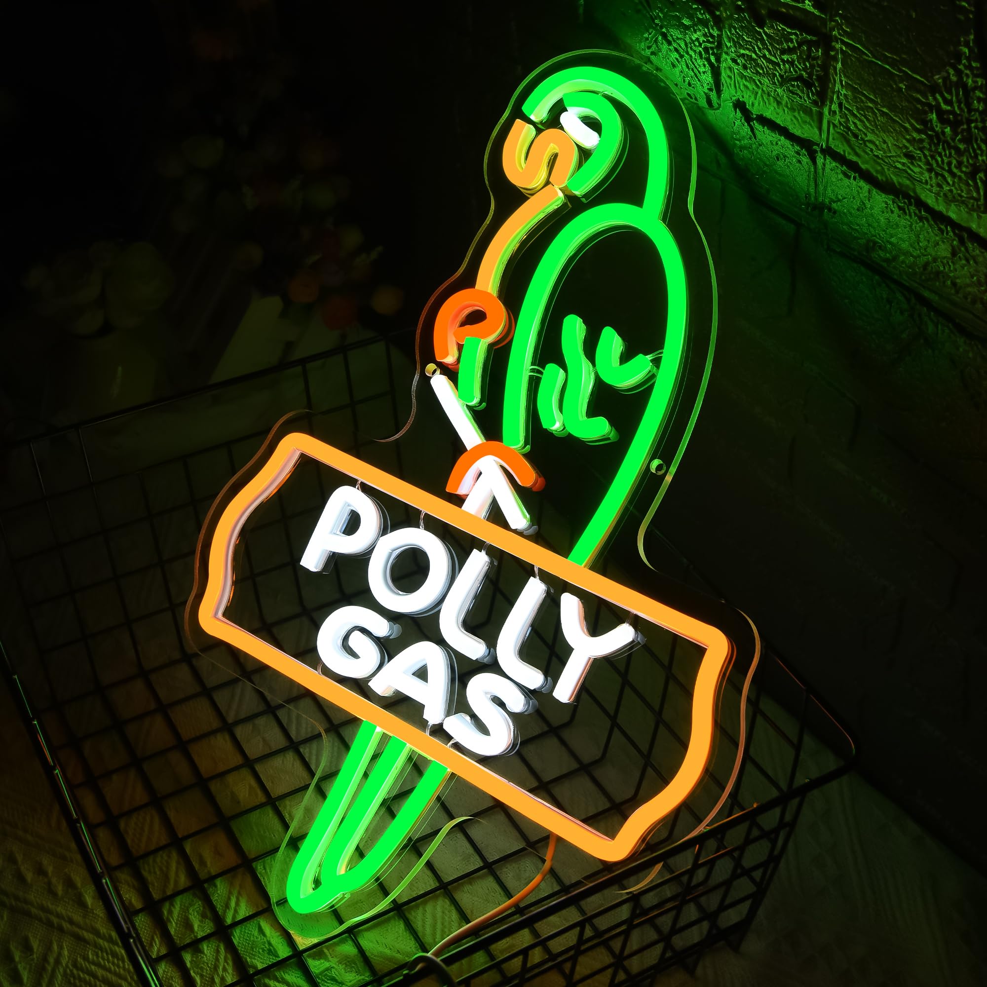 LALAON Neon Sign for Wall Decor - Green Gas Parrot Light, 16.54x11.42in, Acrylic, Model ZKXD10007