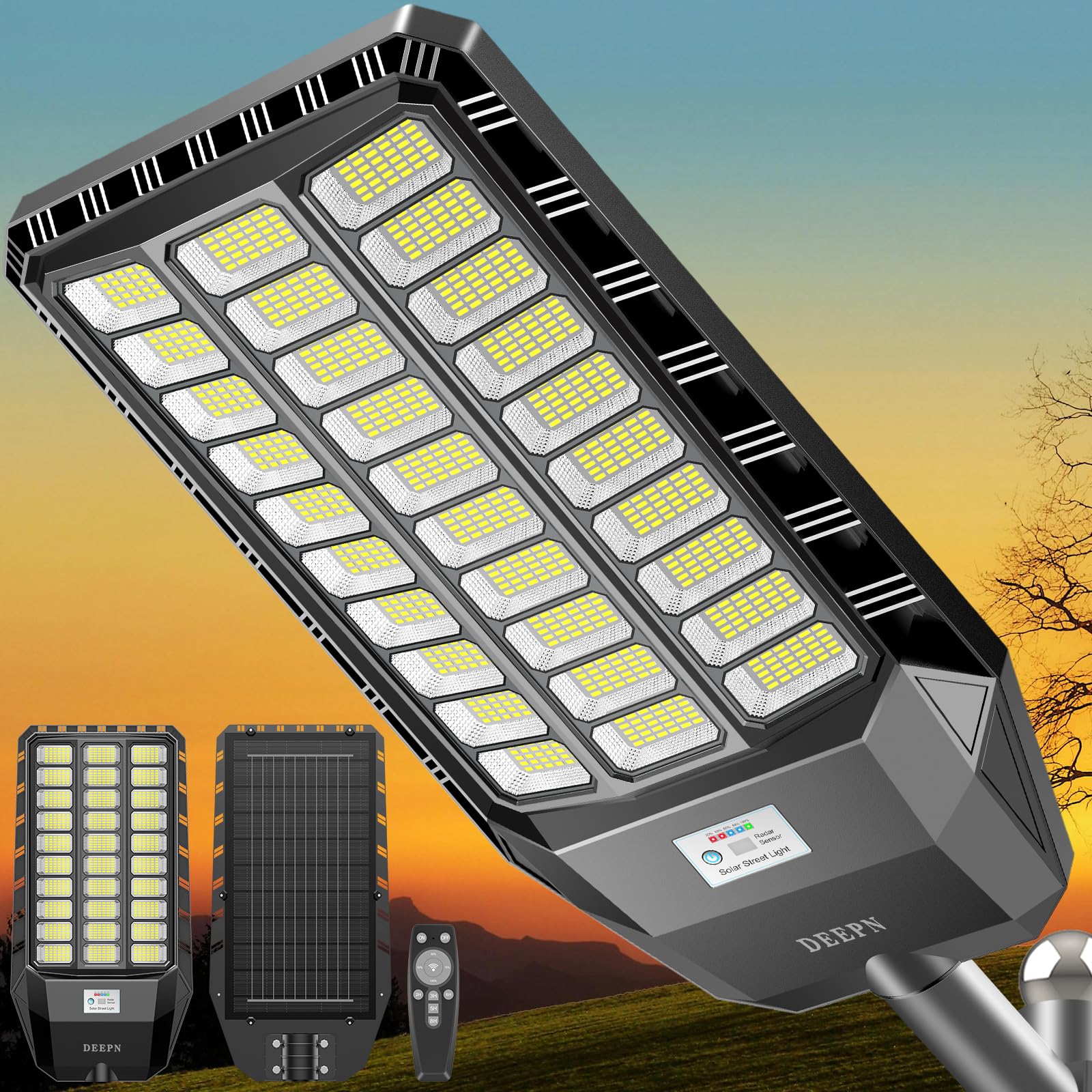 Deepn 6000W Solar Street Lights Outdoor, Waterproof Dusk to Dawn Lighting, 6500K Black Solar Powered for Parking Lots and Yards