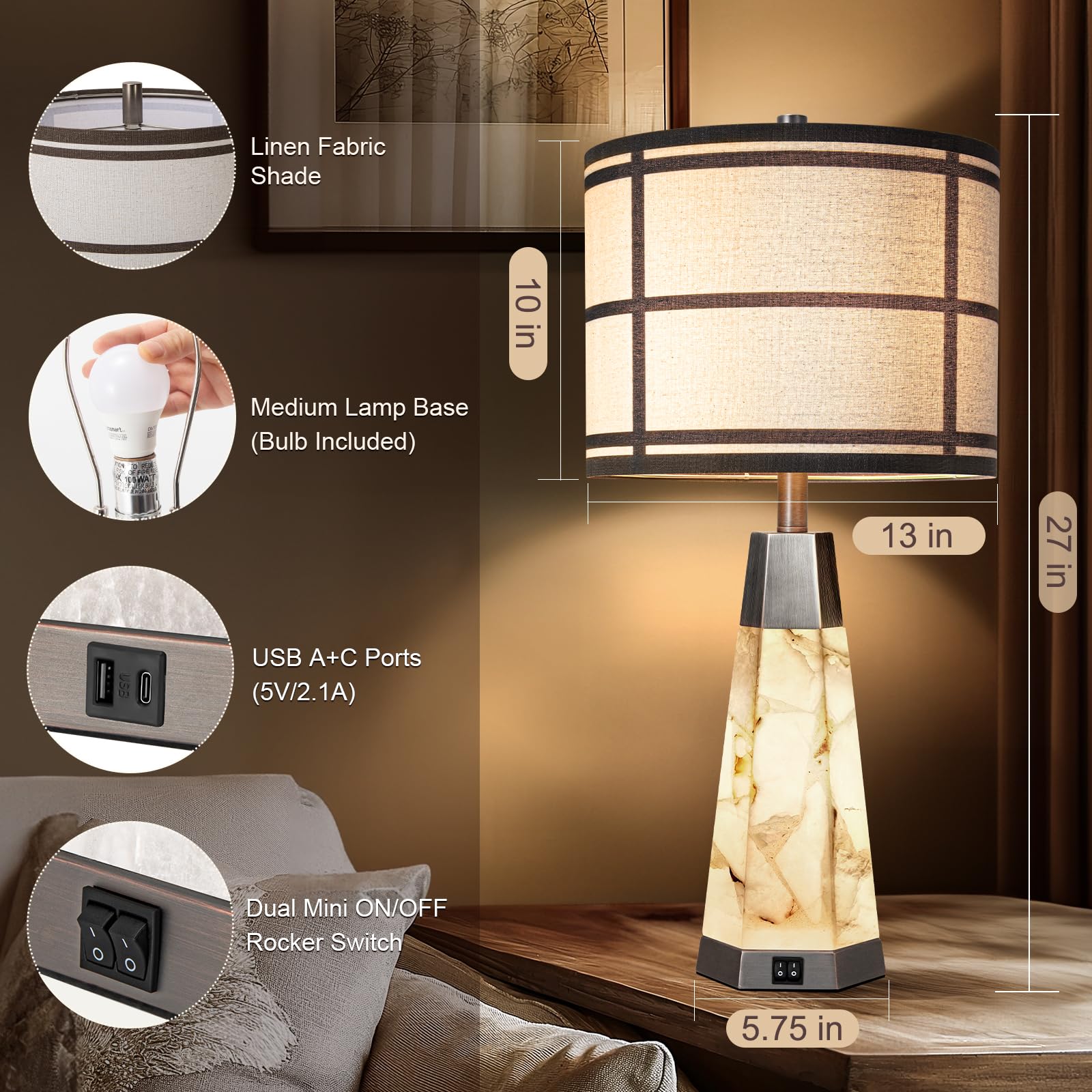 Kivditzo Natural Alabaster Table Lamps Set Of 2 With Usb Ports, Bulbs Included, Bronze