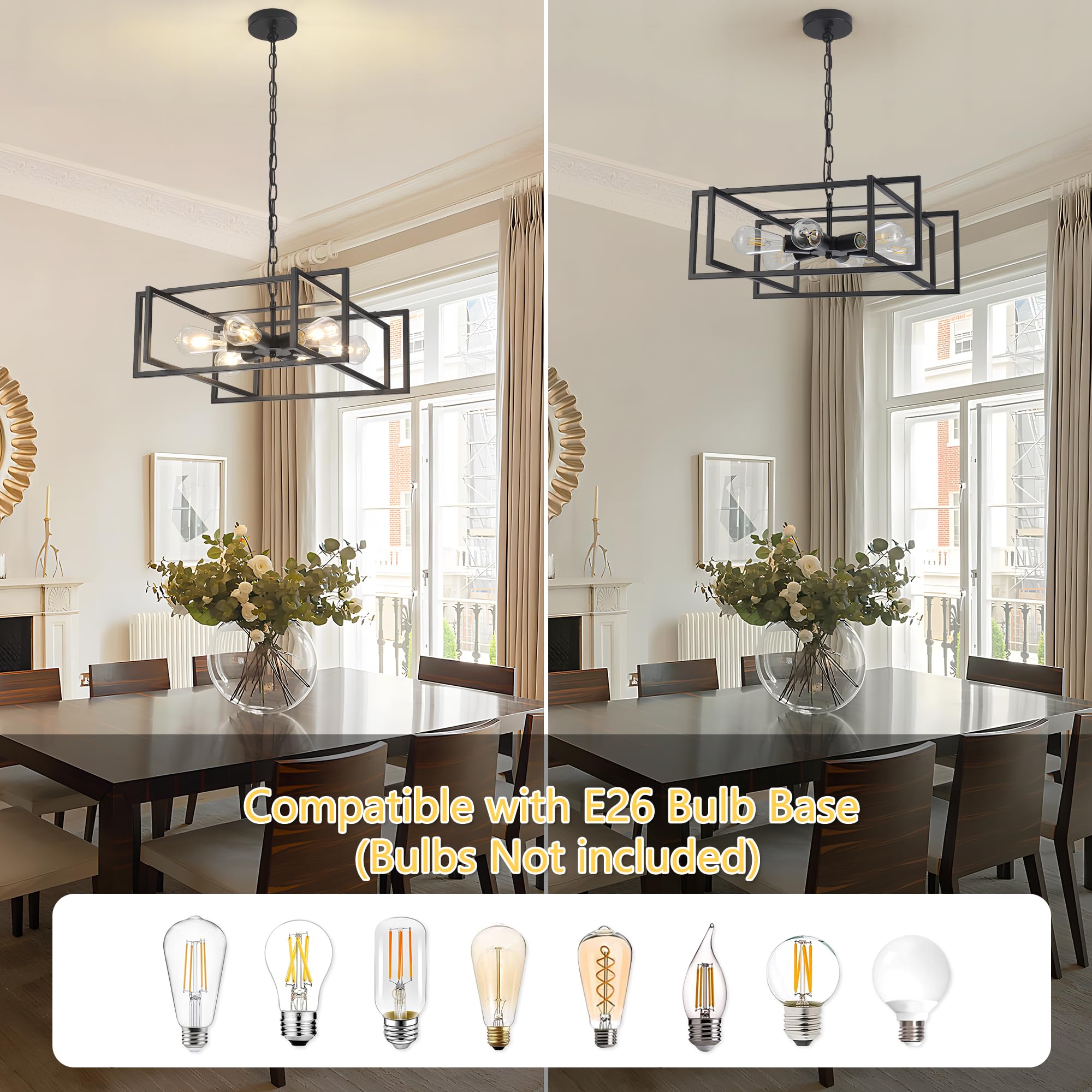 Febeleven 19.7'' Matte Black Industrial Pendant Light, Hight Adjustable, 6-Lights Rustic Vintage Metal Chandelier Light Fixture