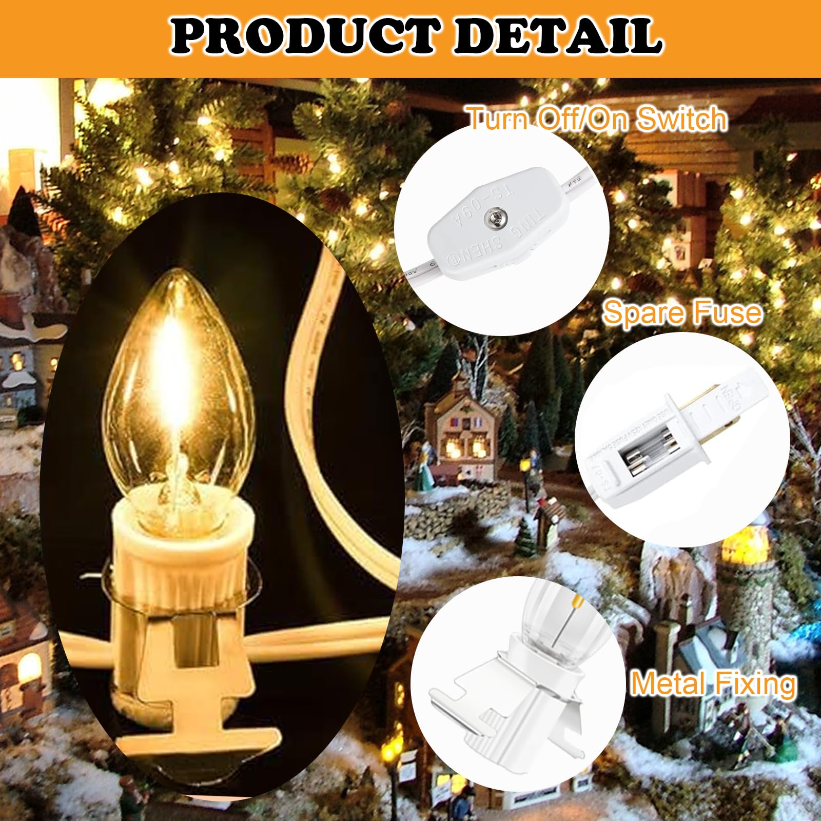 SANJOON C7 Christmas Village String Lights, 4 LED Bulbs, 7.8FT White Cord, Copper Material, 2PCS with Spare Fuse
