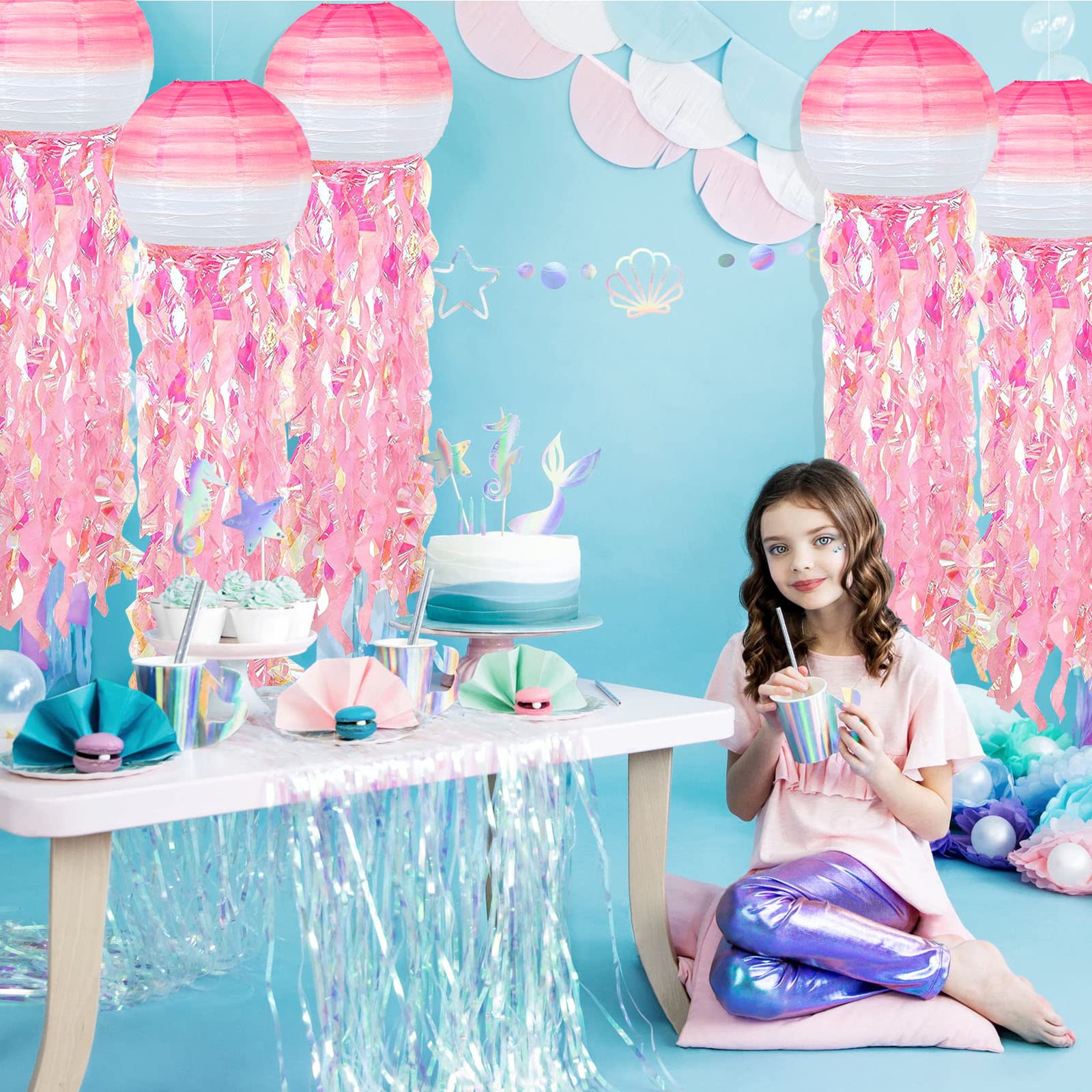 Adlkgg Hanging Jelly Fish Paper Lanterns, Gradient Colorful Pink Paper Lanterns For Mermaid Theme Party Under The Sea Ocean Birt