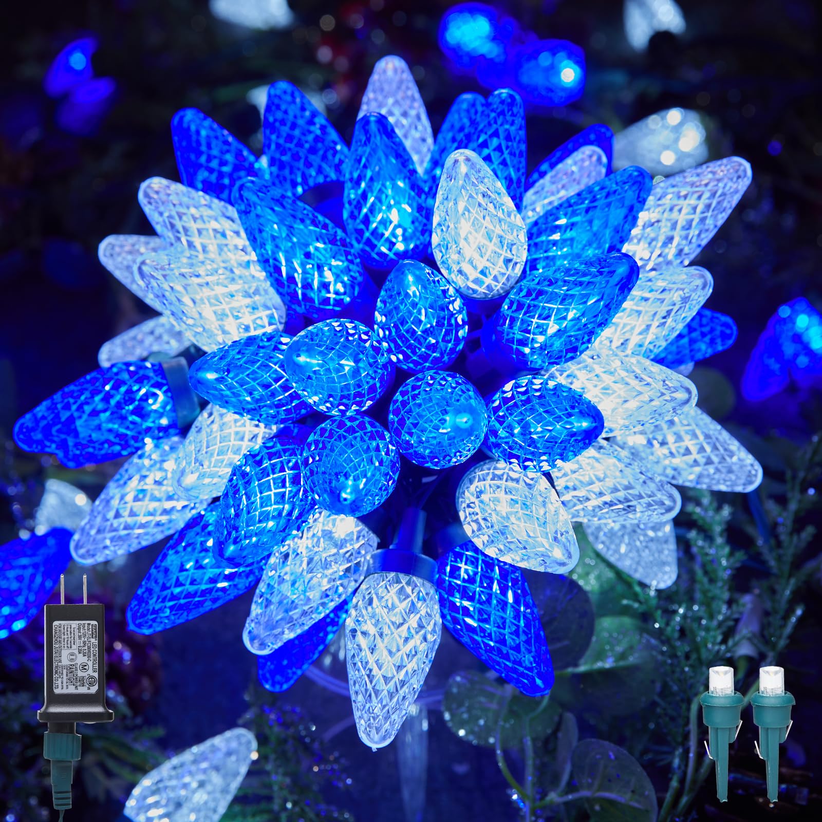 Minetom C9 LED Christmas Lights, 81ft 100 Bulbs, Waterproof, Timer & 8 Modes, Blue & Pure White, Outdoor/Indoor Decoration