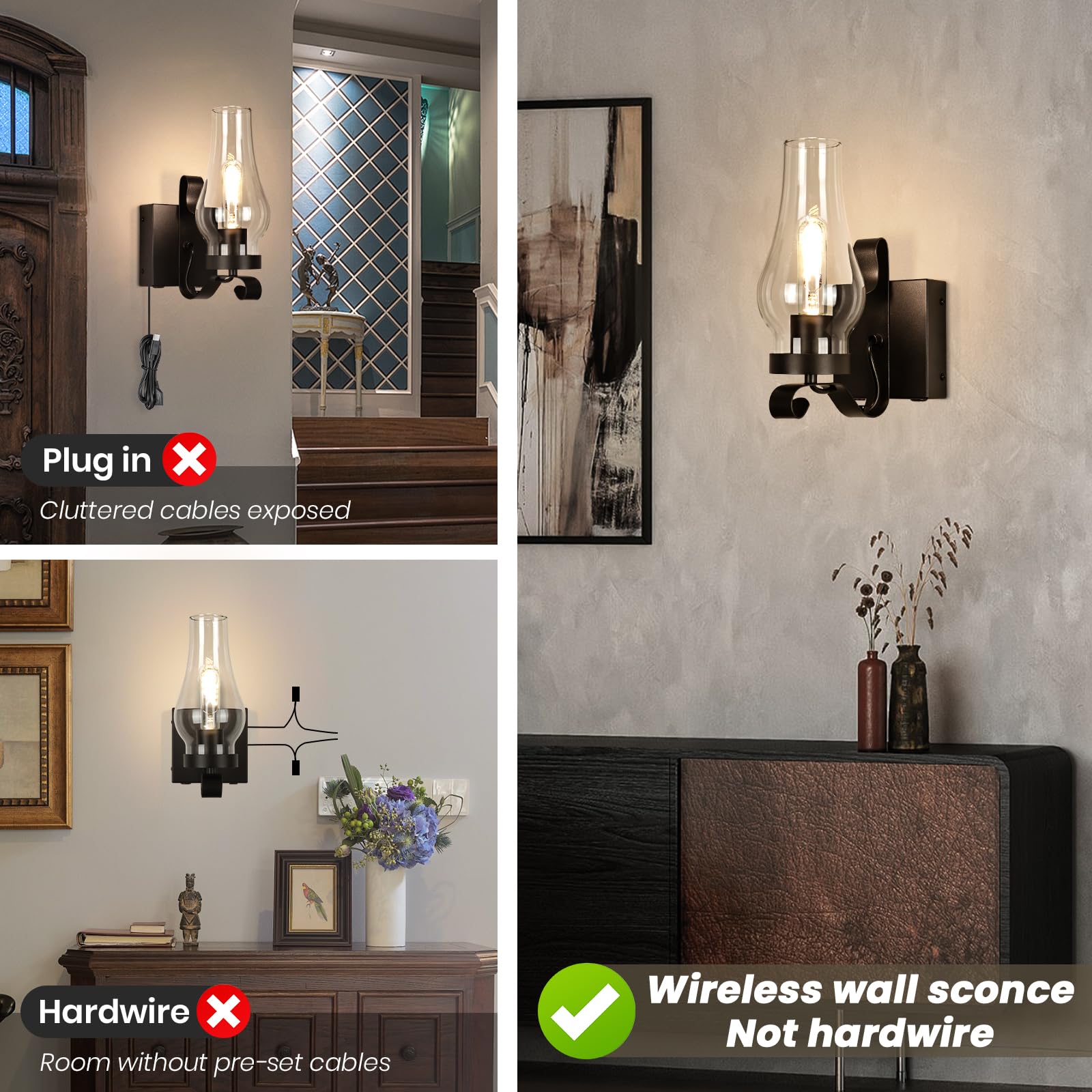 EIDEARAY Battery Operated Rustic Wall Sconces Set of 2, Antique Kerosene Lamps with Remote Control, Black, Model WL-CTGD-D2