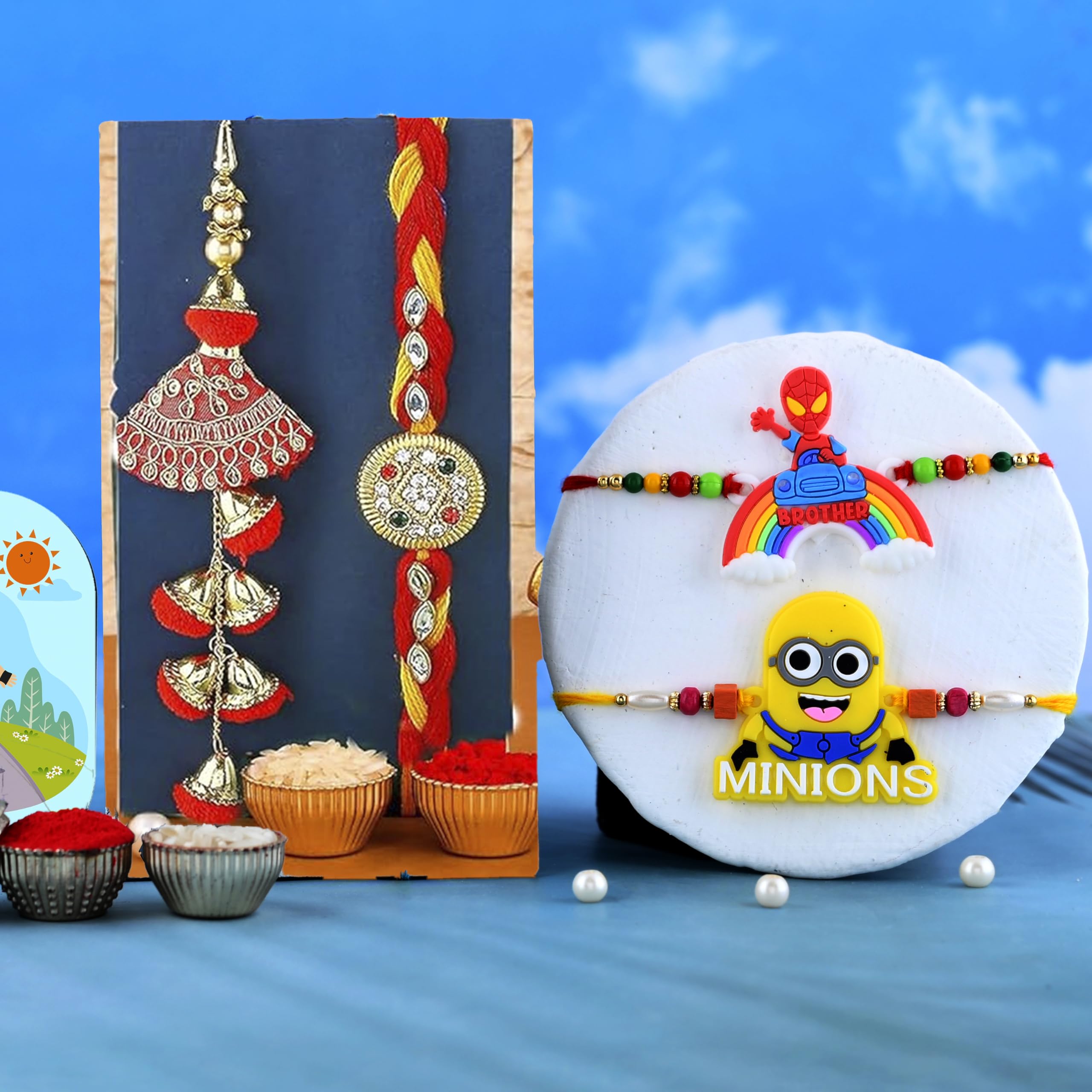 Rakhi Gift Combo for Brother, Brass Crystal Diya Oil Lamp with 4 Rakhi Gift Set - Rakhi for Bhaiya Bhabhi - Raksha Bandhan Card/
