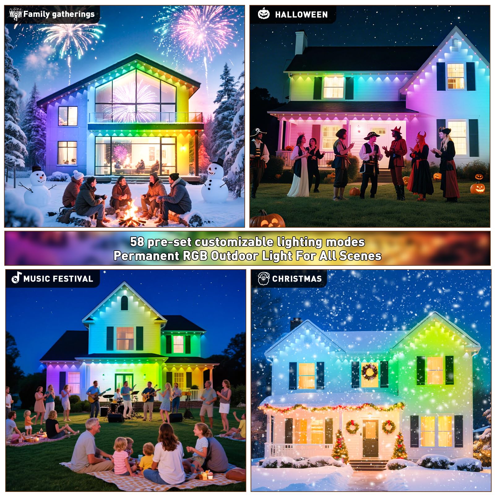 INZIDOL Permanent Outdoor Lights, 300FT RGB Waterproof Smart Lights for Roof, Christmas, Party with Remote APP Control