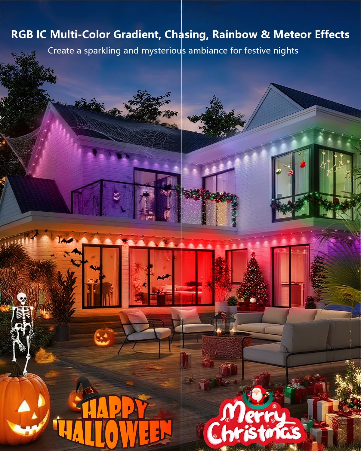 Mimirgb Permanent Outdoor Lights 100Ft Rgb Ic Outdoor Lights With 60 Led Lights For House Roof Christmas Holiday Party Daily Lighting Ip67 Waterproof Eaves Light With Multi Scene Modes For Halloween