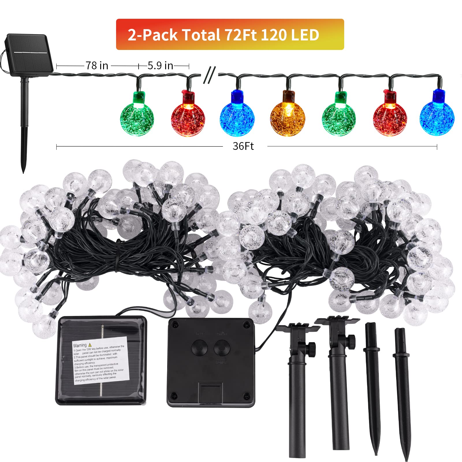 Solar String Lights Outdoor Waterproof, 2-Pack 120 Led 72Ft Total, Crystal Globe Lights With 8 Lighting Modes, Solar Powered Pat