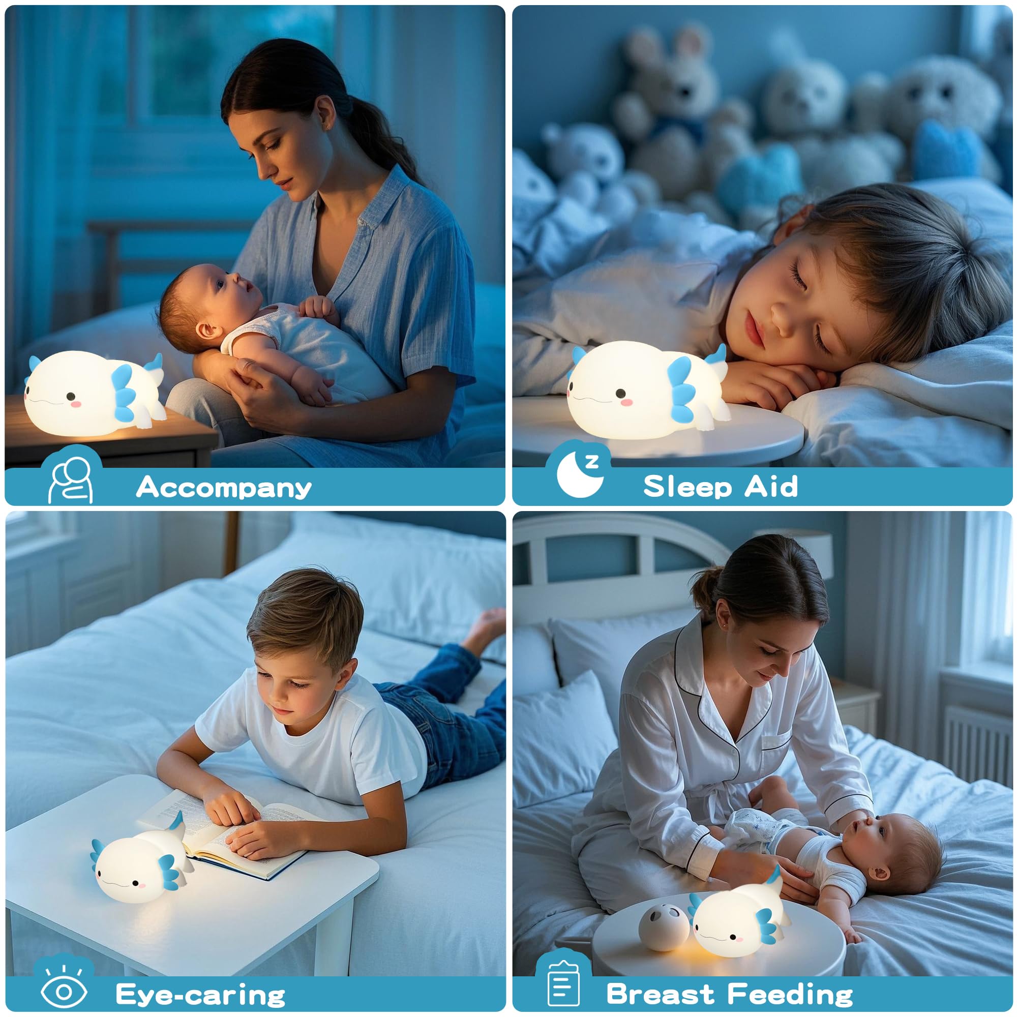 MOKYDUO Axolotl Night Light, Silicone, 2-Level Brightness, Touch Control, 20-Min Timer, Blue