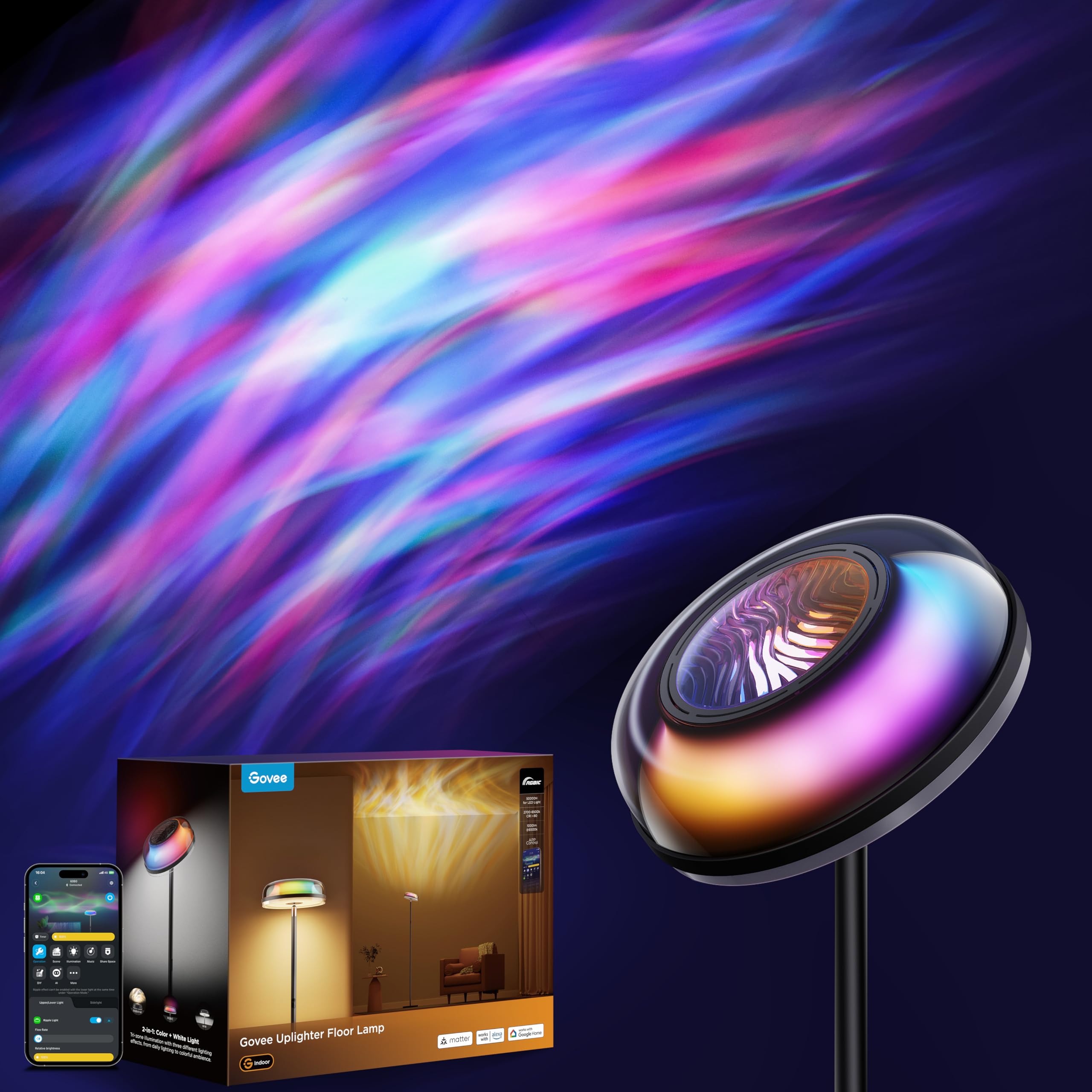 Govee Uplighter Floor Lamp for Living Room, RGBIC Ripple Projector, Floor Lamp for Bedroom Works with Matter, 215 ft Light Area,