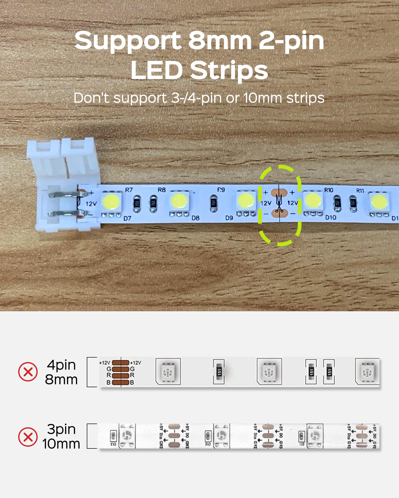 Jackyled 8Mm 2 Pin Led Strip Connectors Lights Connector, L Shape Gapless Solderless Connectors Led Adapter Light Extension Conn