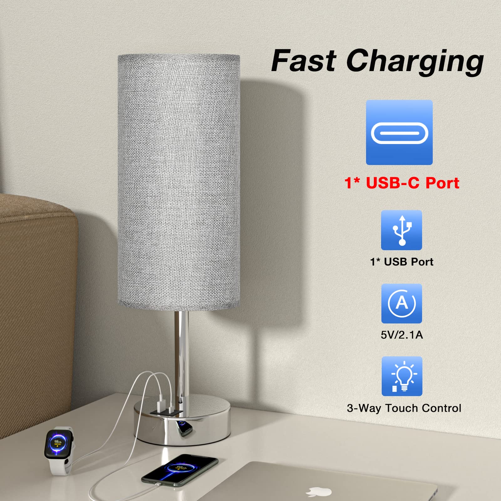 Grey Touch Nightstand Lamps For Girl - Small Bedside Lamp With Usb-C And Usb Charging Ports, 3 Way Dimmable Control Table Lamp F