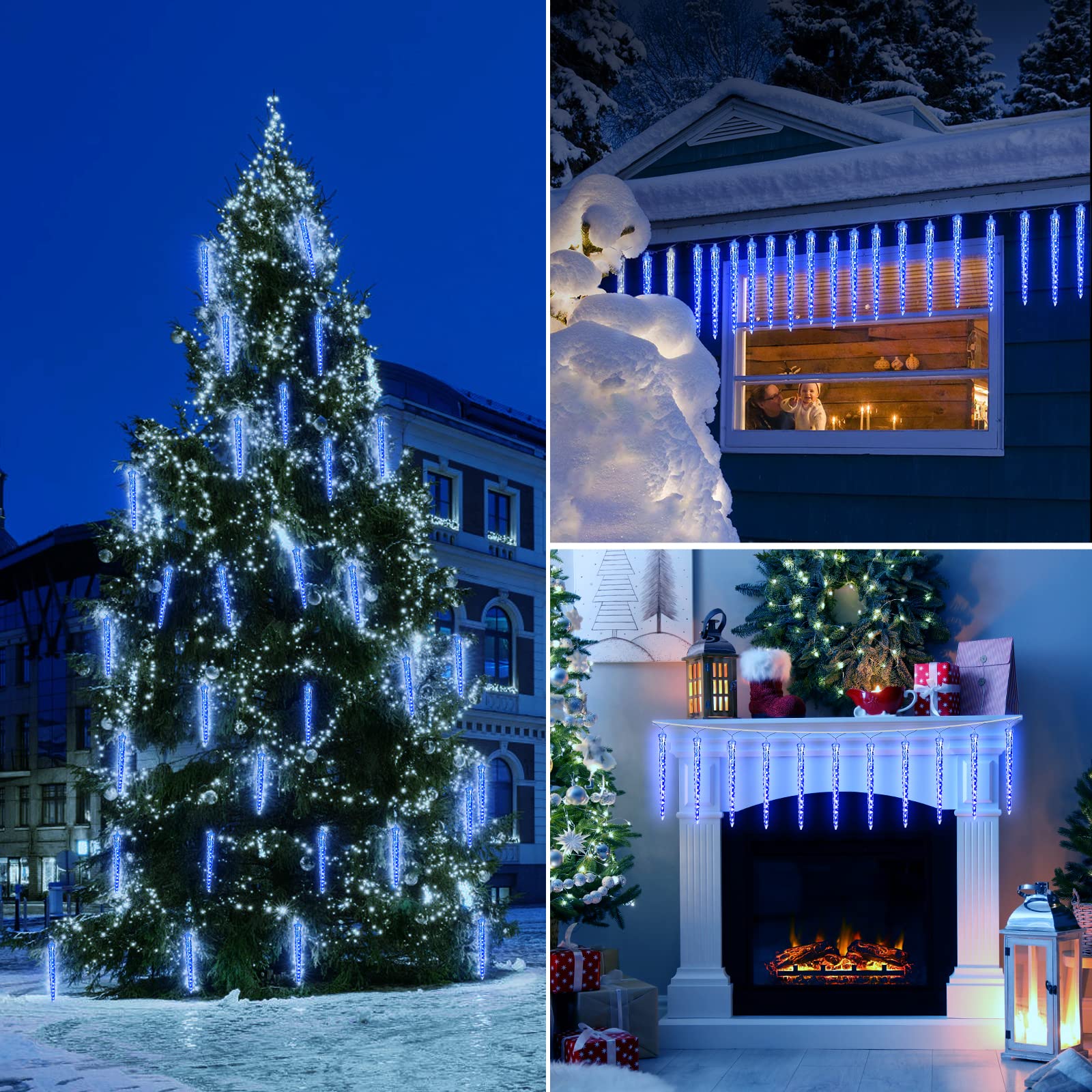 Brightown 10Ft Christmas Icicle Lights, Blue Meteor Shower Effect, 10 Tubes for Outdoor Eave Roofline Decorations