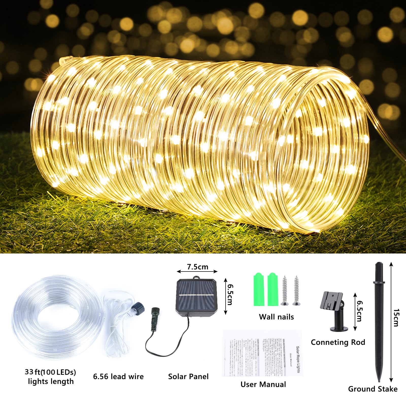Jnaurb Solar Rope Lights, 33ft 100LED Waterproof Outdoor String Lights, 8 Modes, Warm White for Garden, Patio, Deck, and Pool Decor