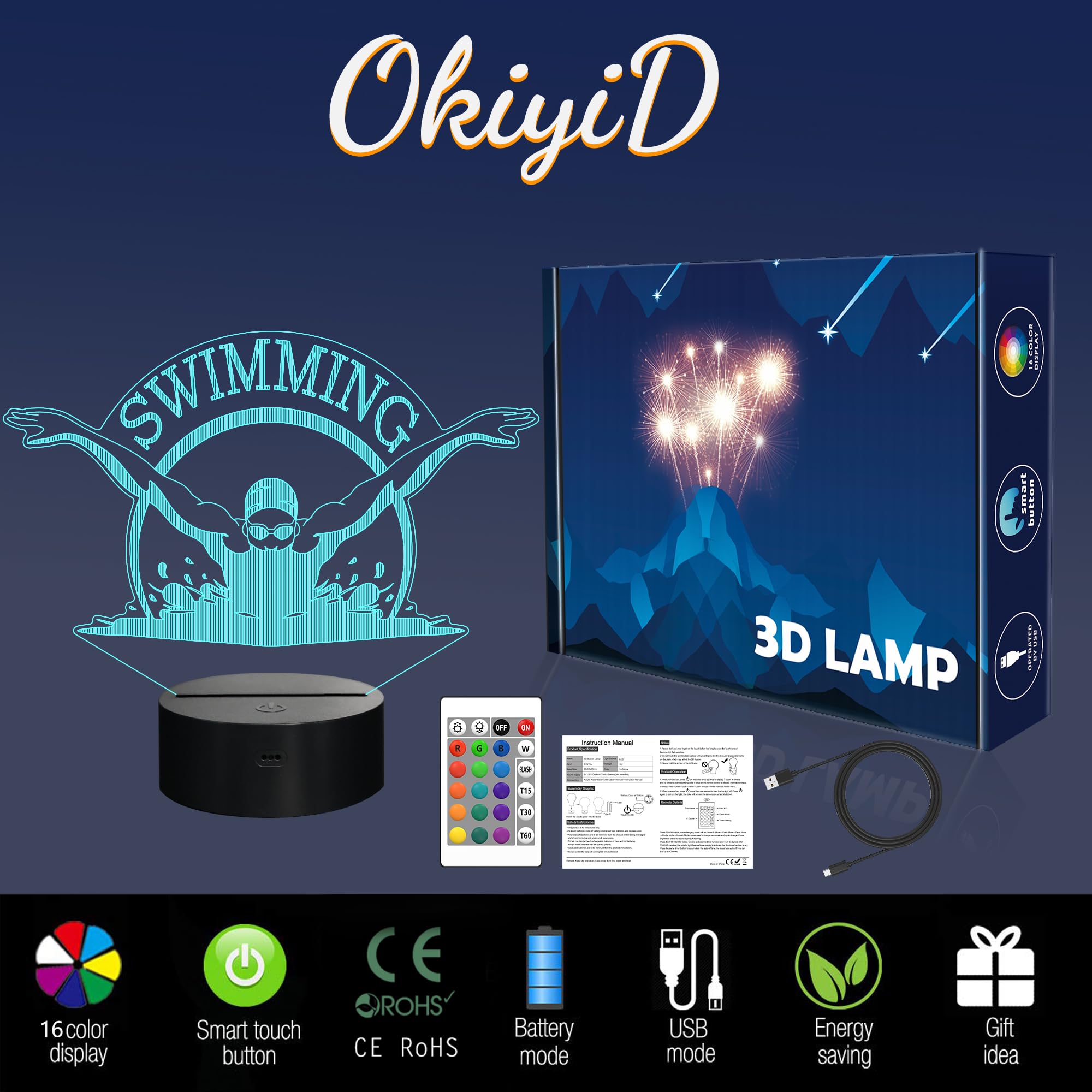 OkiyiD 3D Illusion Lamp Night Light for Kids, Swimmer Decor, 16 Colors Remote, Acrylic, Model FS-2810-9999, Color 11