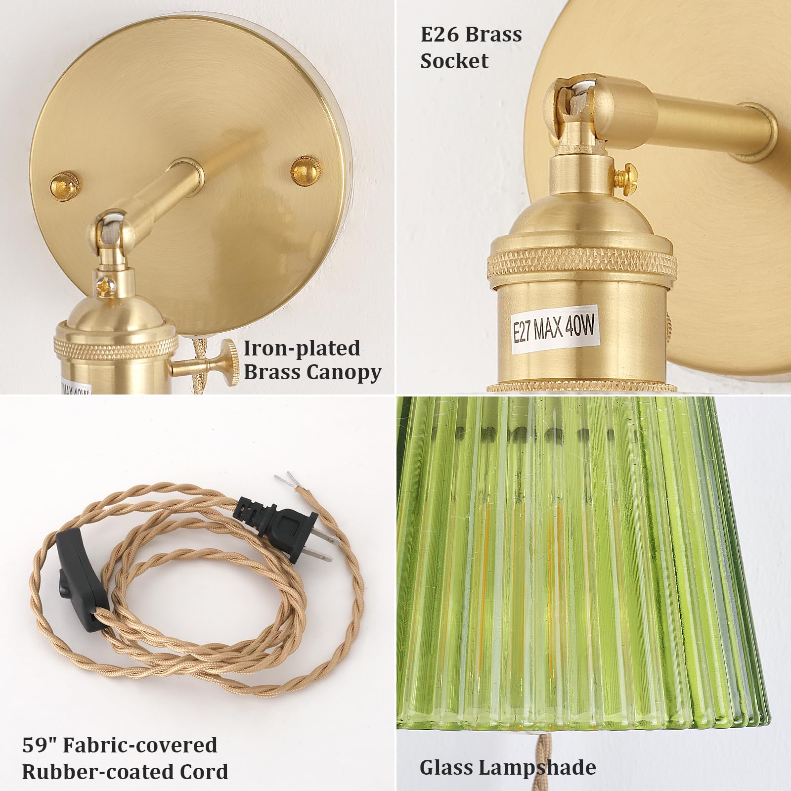 Shenmoyl Wall Sconce, Green Stripe Glass Lampshade, Plugin Design, Model 1-9336