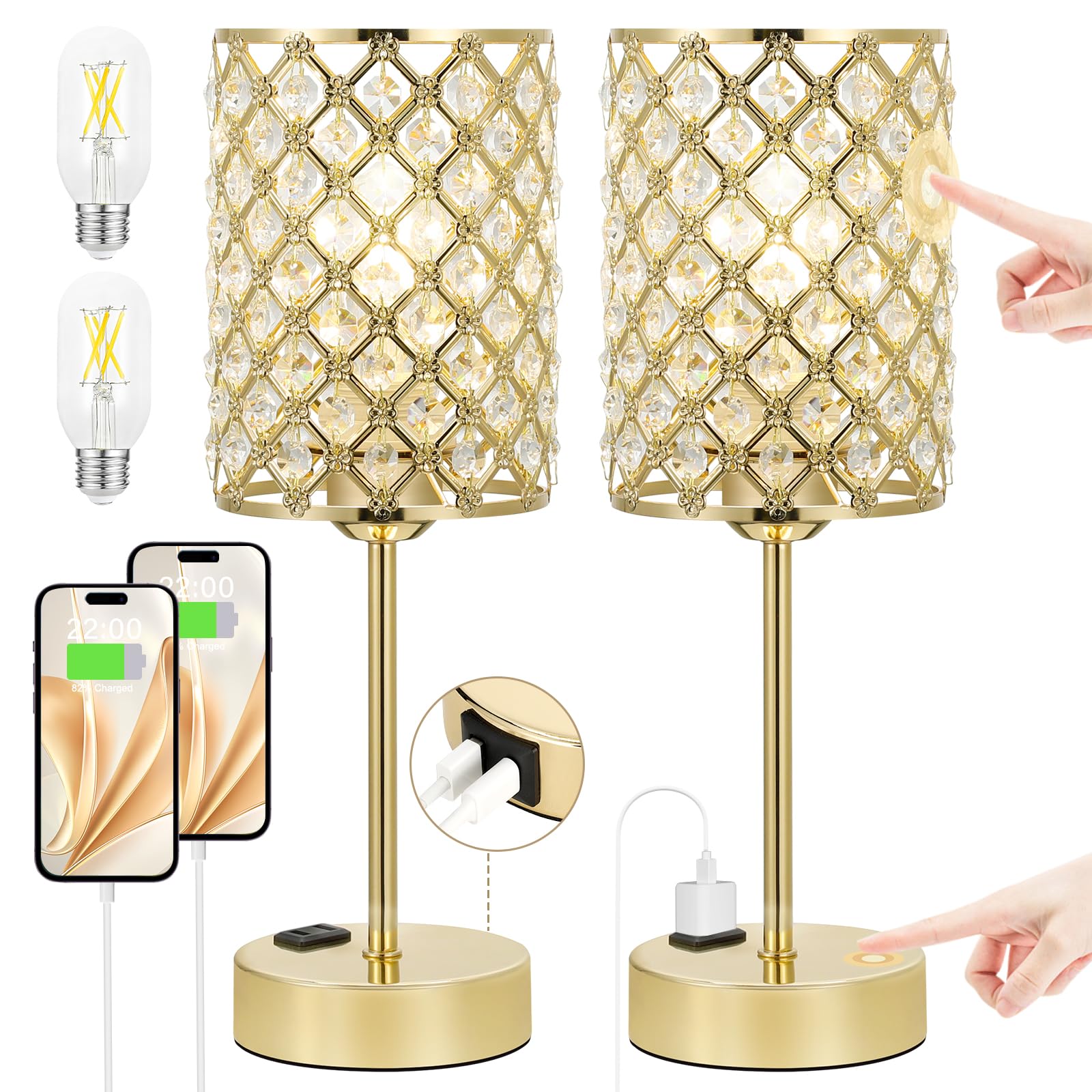 Touch Control Crystal Table Lamp-Dimmable Nightstand Lamp with USB-C+A & AC Charging Ports, 3-Way USB Gold Lamp, Bedside Desk Li
