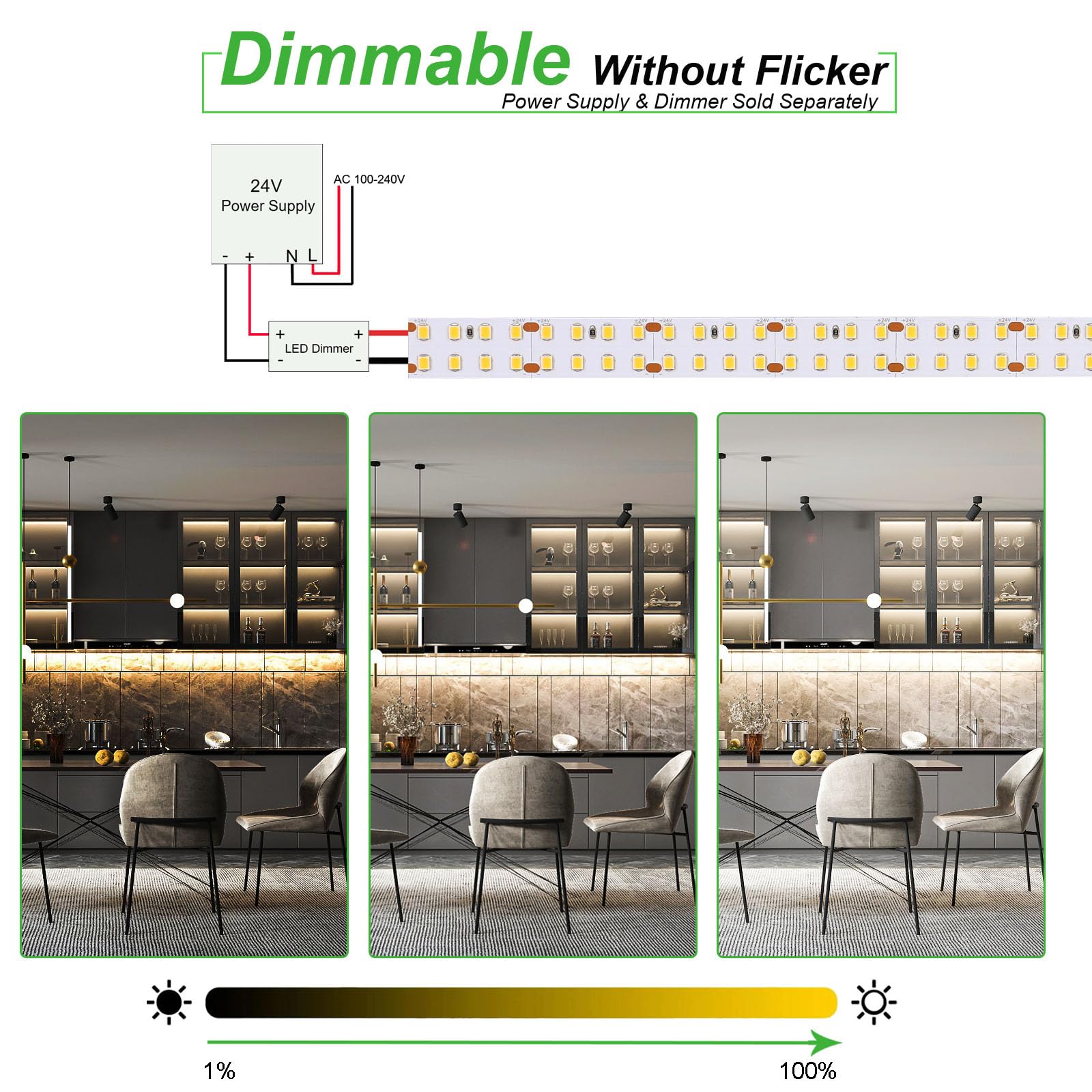 JOYLIT LED Strip Light 24V Warm White 3000K 16.4FT 272LEDs/M Dimmable Model S28DNP-WW