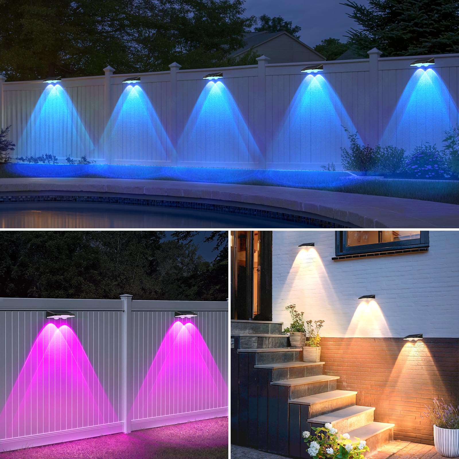Solar Lights Outdoor 16-Pack  Waterproof Fence Lights Solar Powered With Warm White & 6 Rgb Colors & 2 Lighting Modes For Backyard  Deck  Step  Stairs  Balcony  Yard  Patio  Walkway  Pathway
