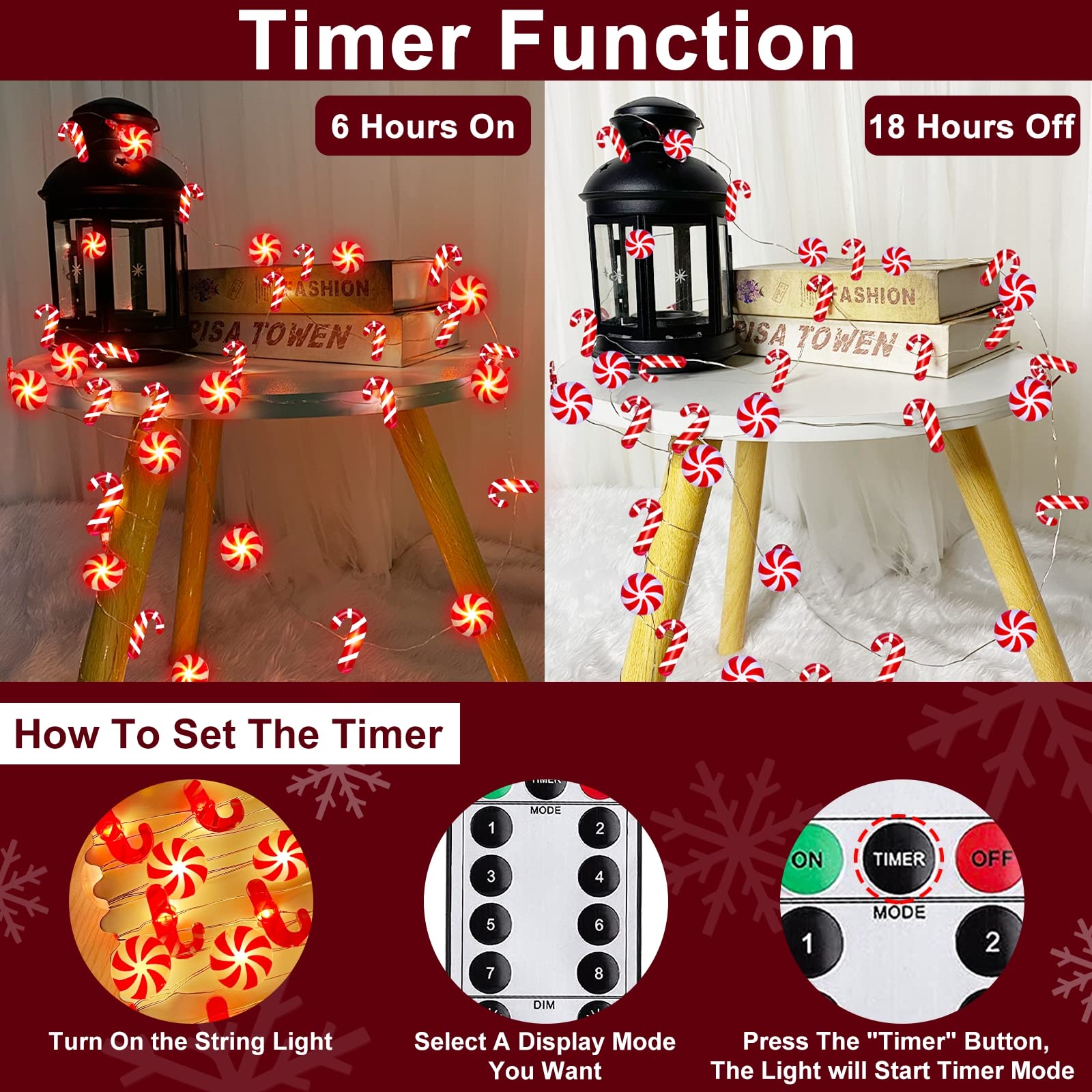 TURNMEON 26.2Ft 80LED Candy Cane Christmas String Lights with Timer, Remote Control, Battery Operated, Warm White, Red